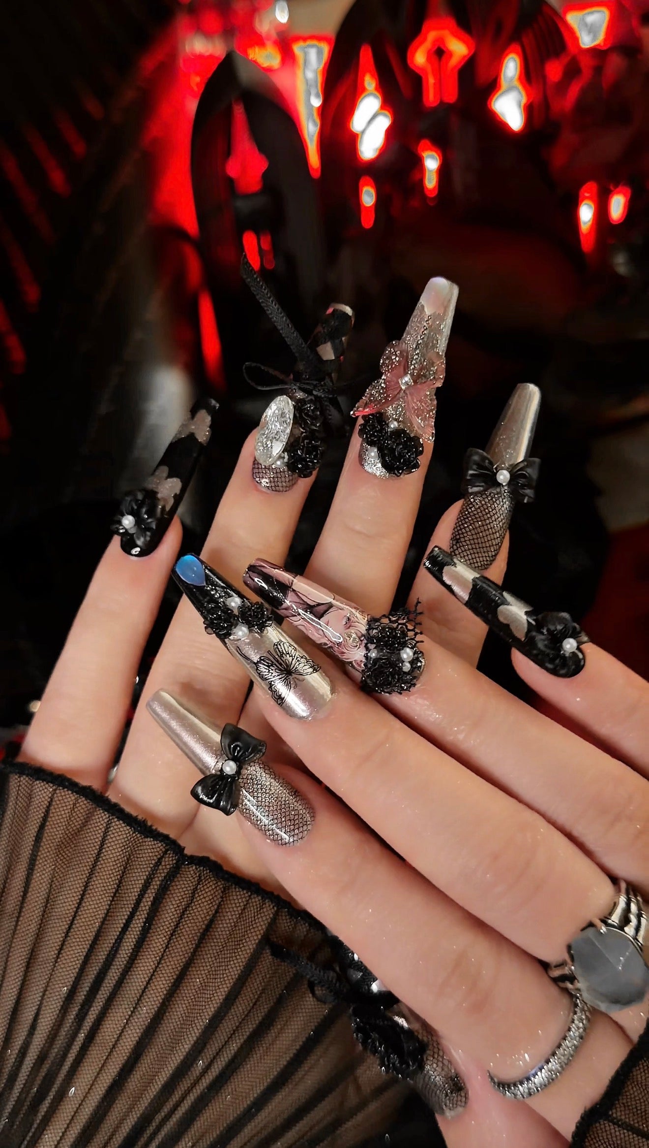 Gothic Dark Black Butterfly Lace Moonstone Press On Nails Long Coffin Handmade Paint