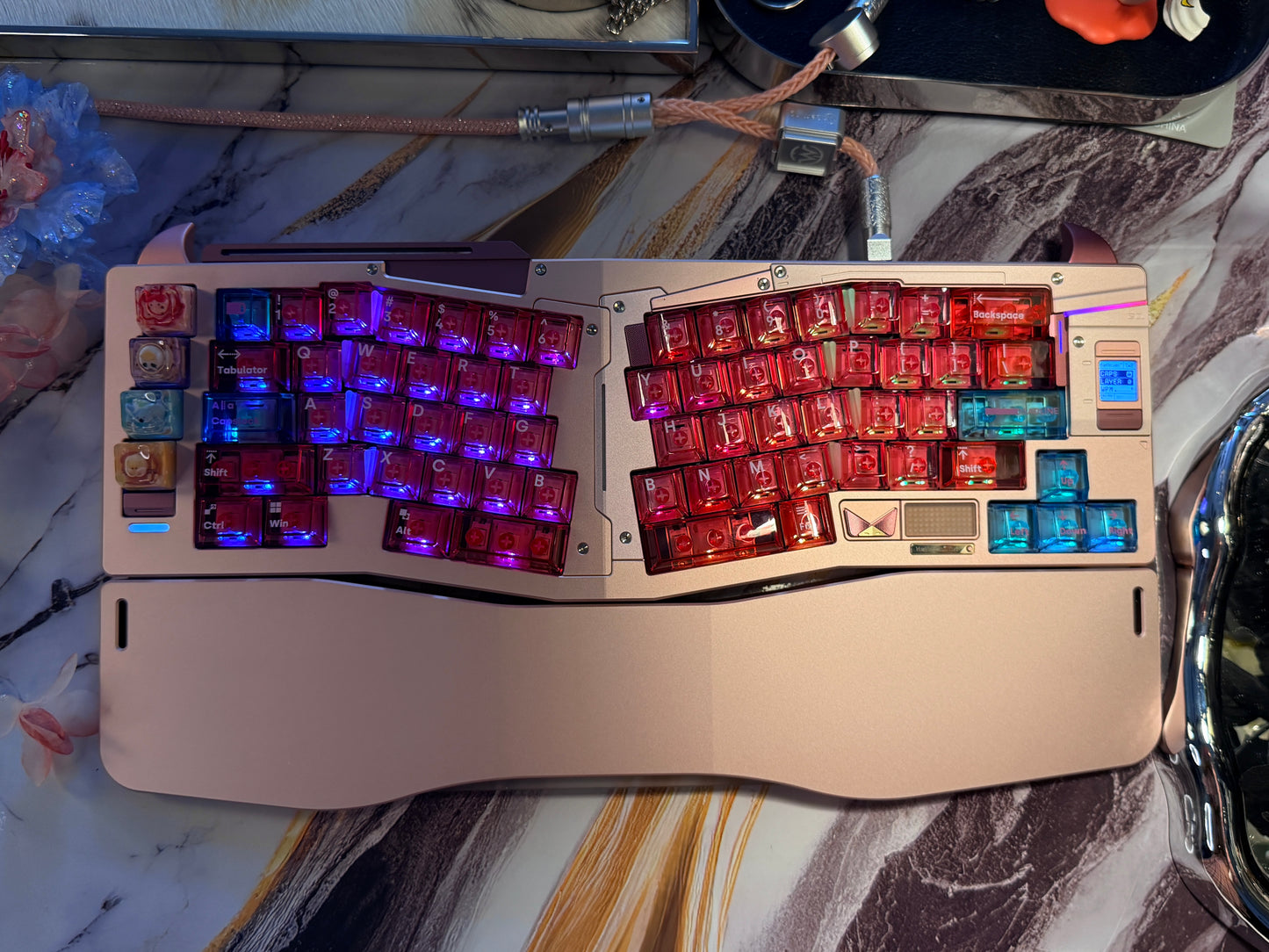 Preorder Prebuilt Aluminum Customized Mechanical Keyboard Owlab HellCat Anodized Pink Ergonomic Set & Wristrest