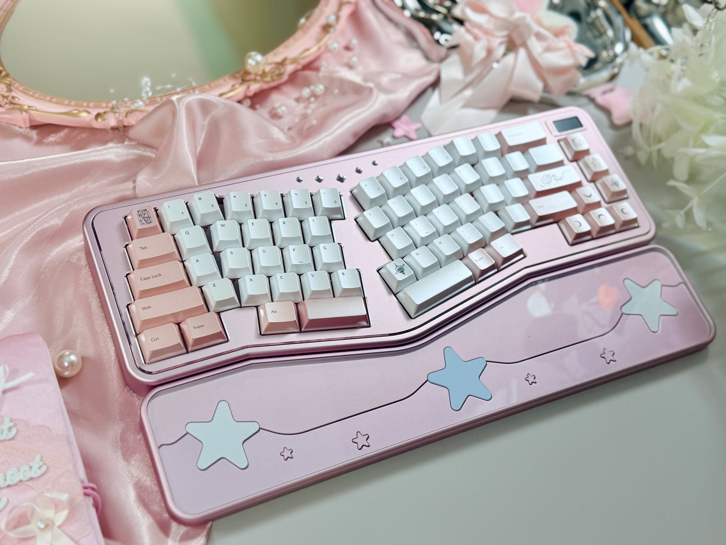 ONLY 1 Instock Prebuilt Aluminum Custom Mechanical Keyboard Staralice Ergonomic Anodized Pink Set including Wristrest Keycaps & switches