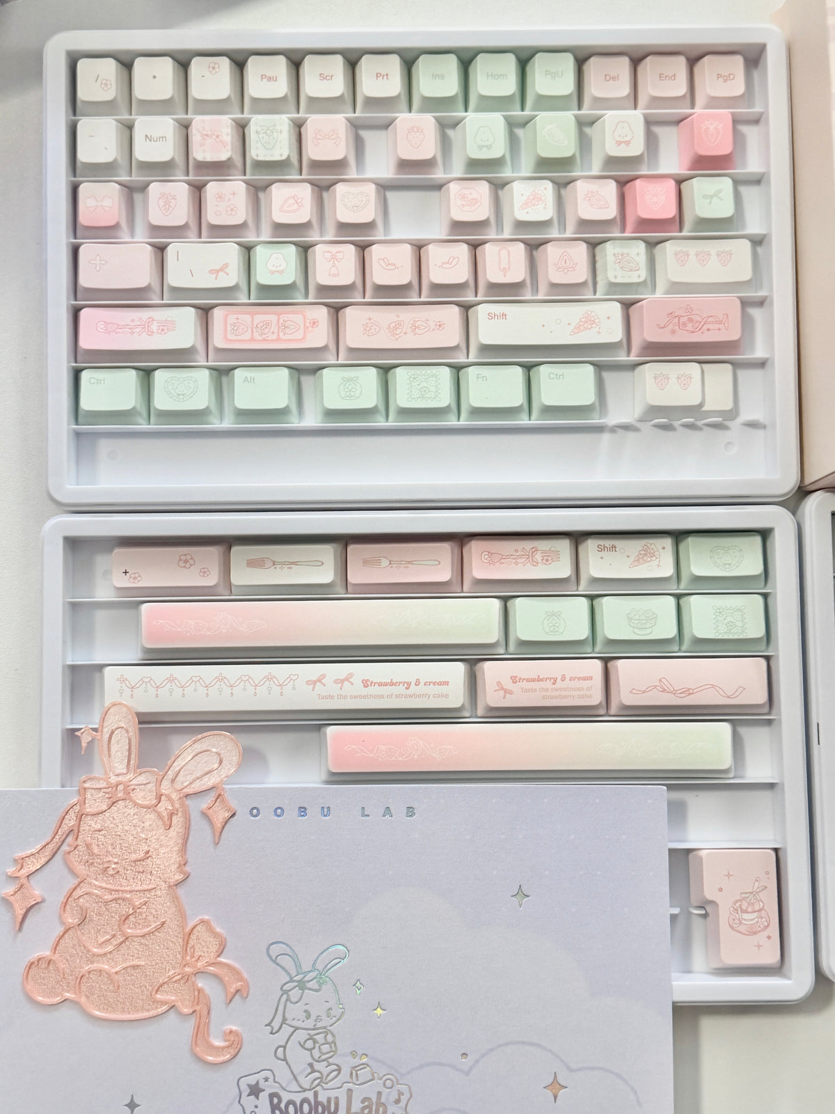 #0314 Bunny Berry Roll Pastel Strawberry Milk & Mint Green Keycap Set – Kawaii Pink Cream Cute Cartoon Mechanical Keyboard Keycaps