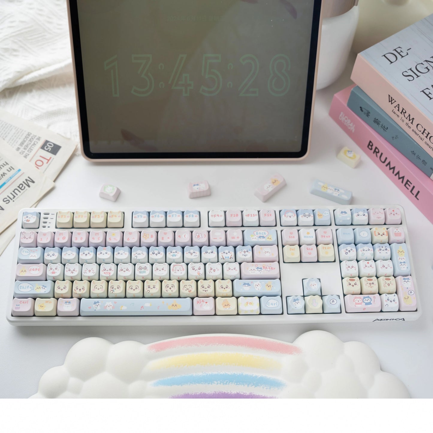 113 Chikawa Pastel Blue Pink Yellow Cute Kitten Head Keycap