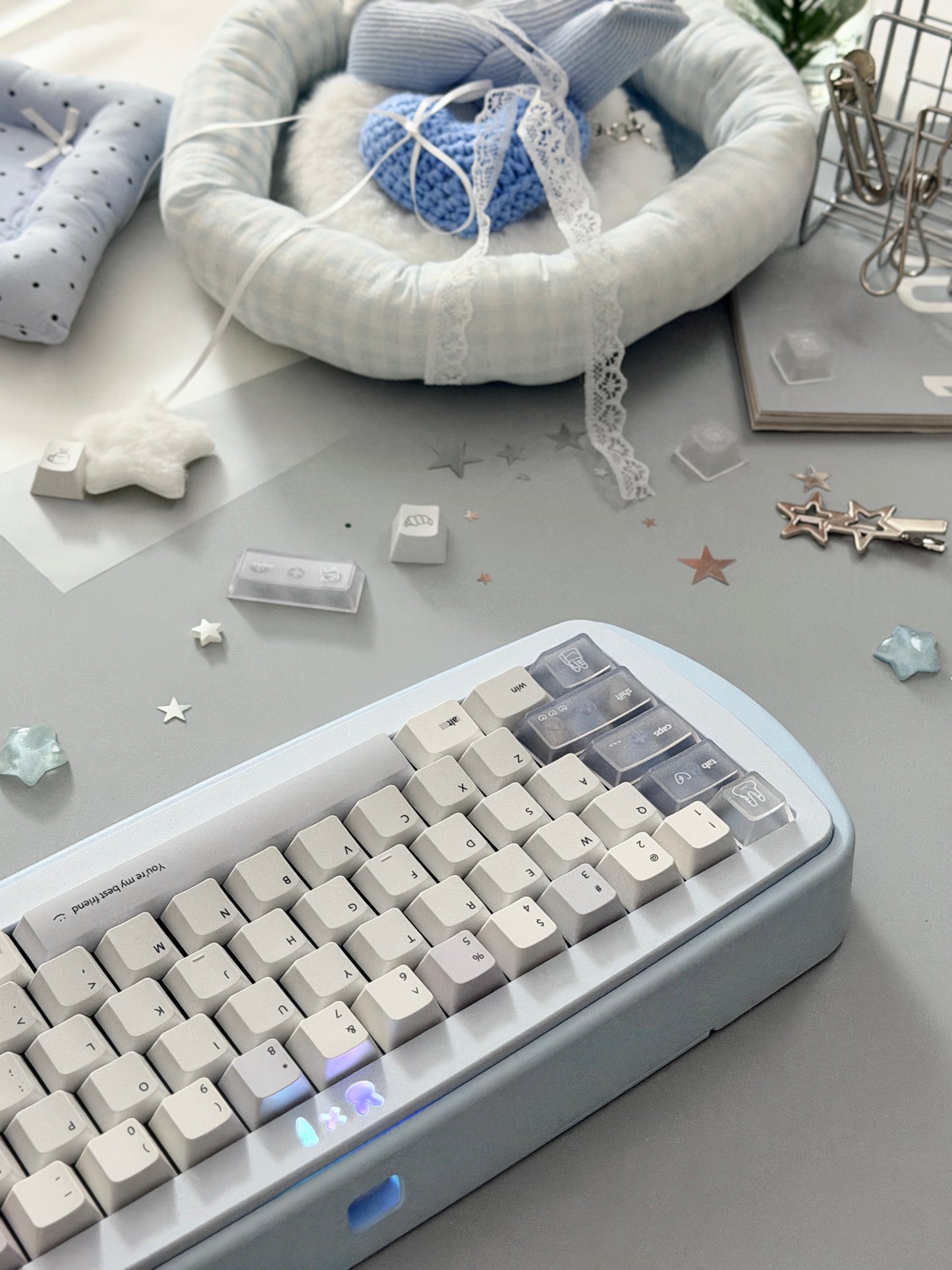 #0296 Minimalist Pale Blue White & Gray Keycap Set – Retro Japanese Style PBT Keycaps for Mechanical Keyboards Designed By Mochi Lab
