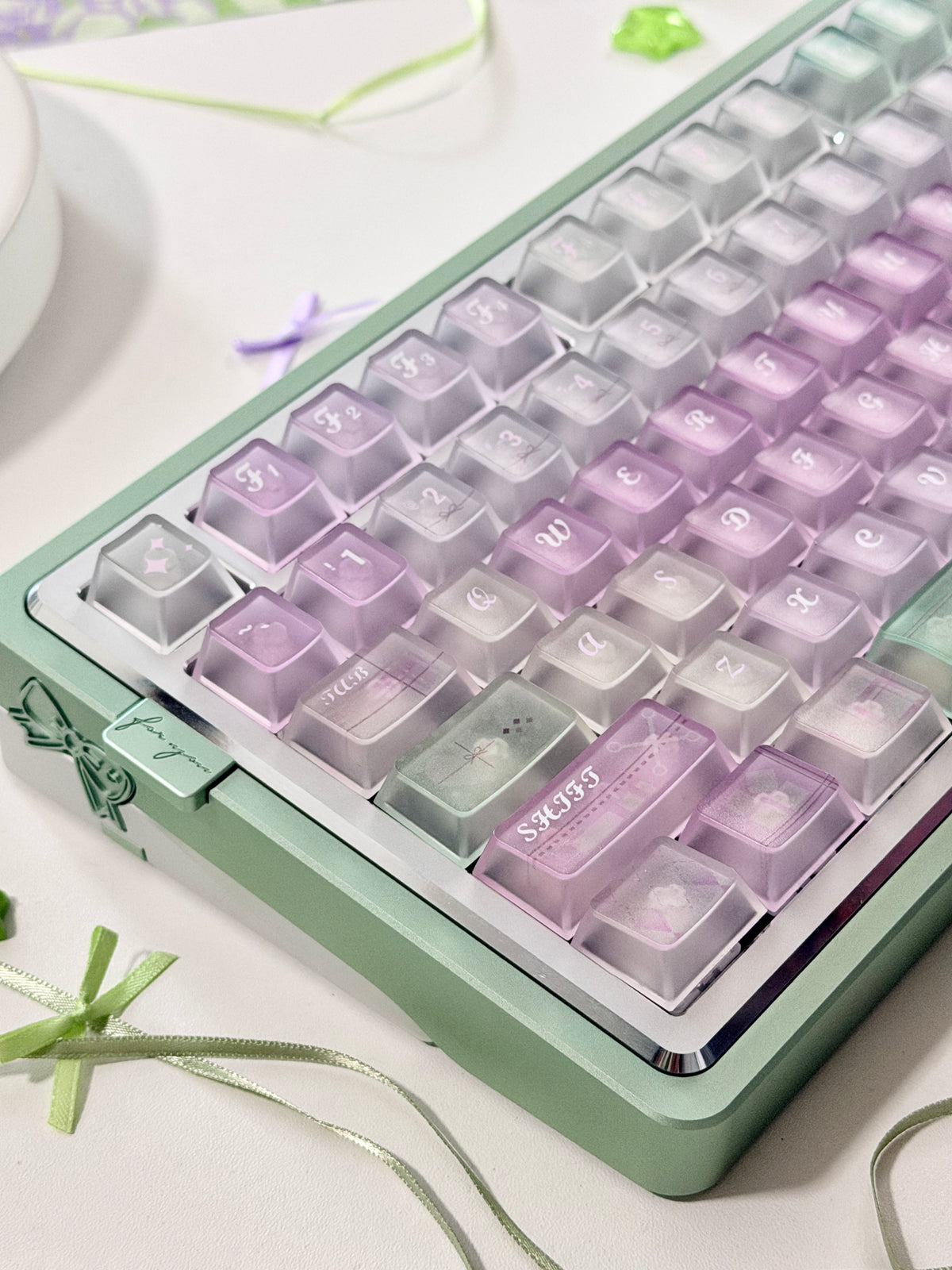 #0318 Lavender Mint Garden Transparent Keycaps Set | Pastel Purple & Sage Green Cute Floral Mechanical Keyboard Keycaps