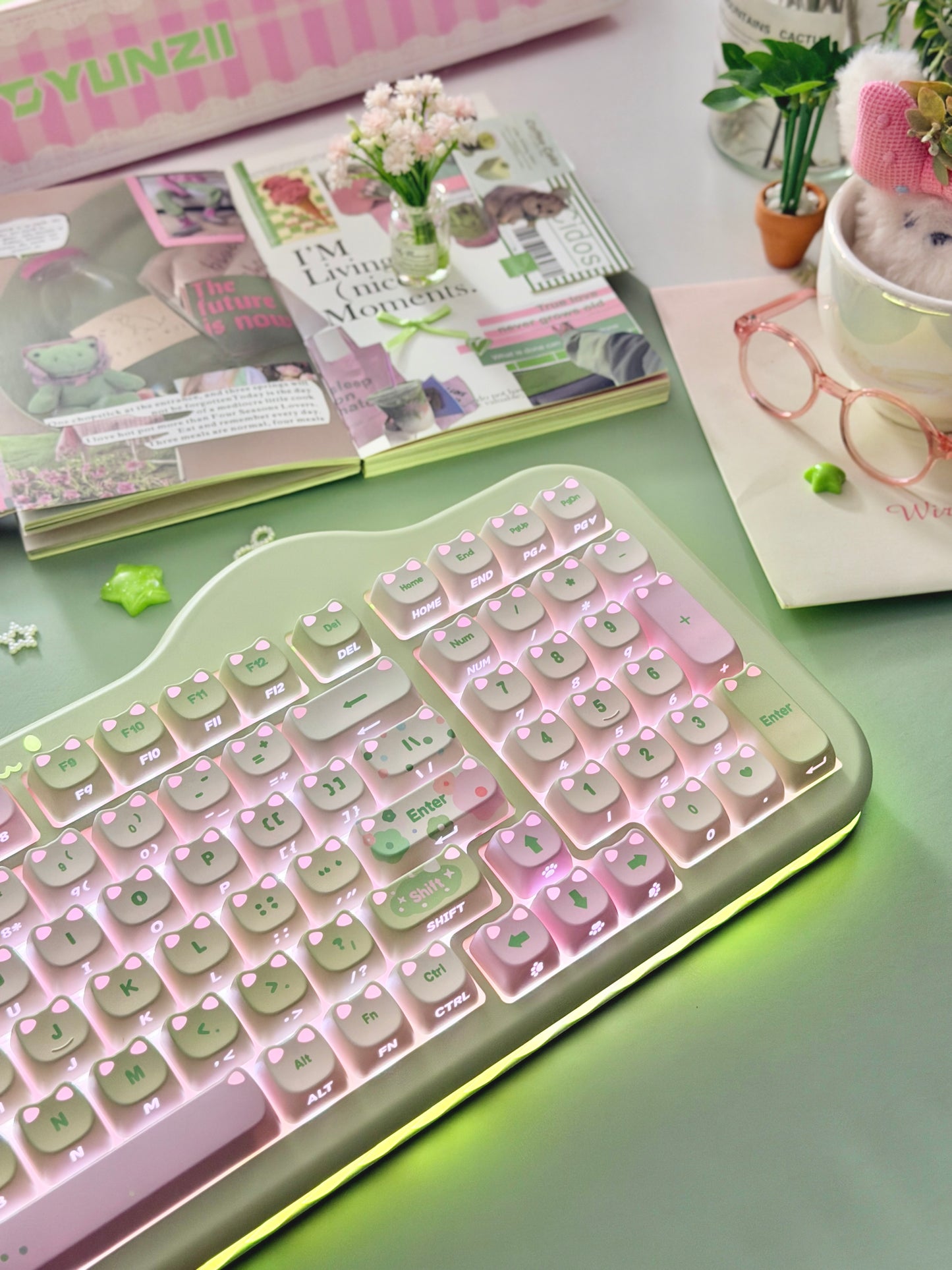 Unboxing Clearance ONLY 1 YUNZII C98 MAO Cake Kitten Wireless Mechanical Keyboard （preorder Green）