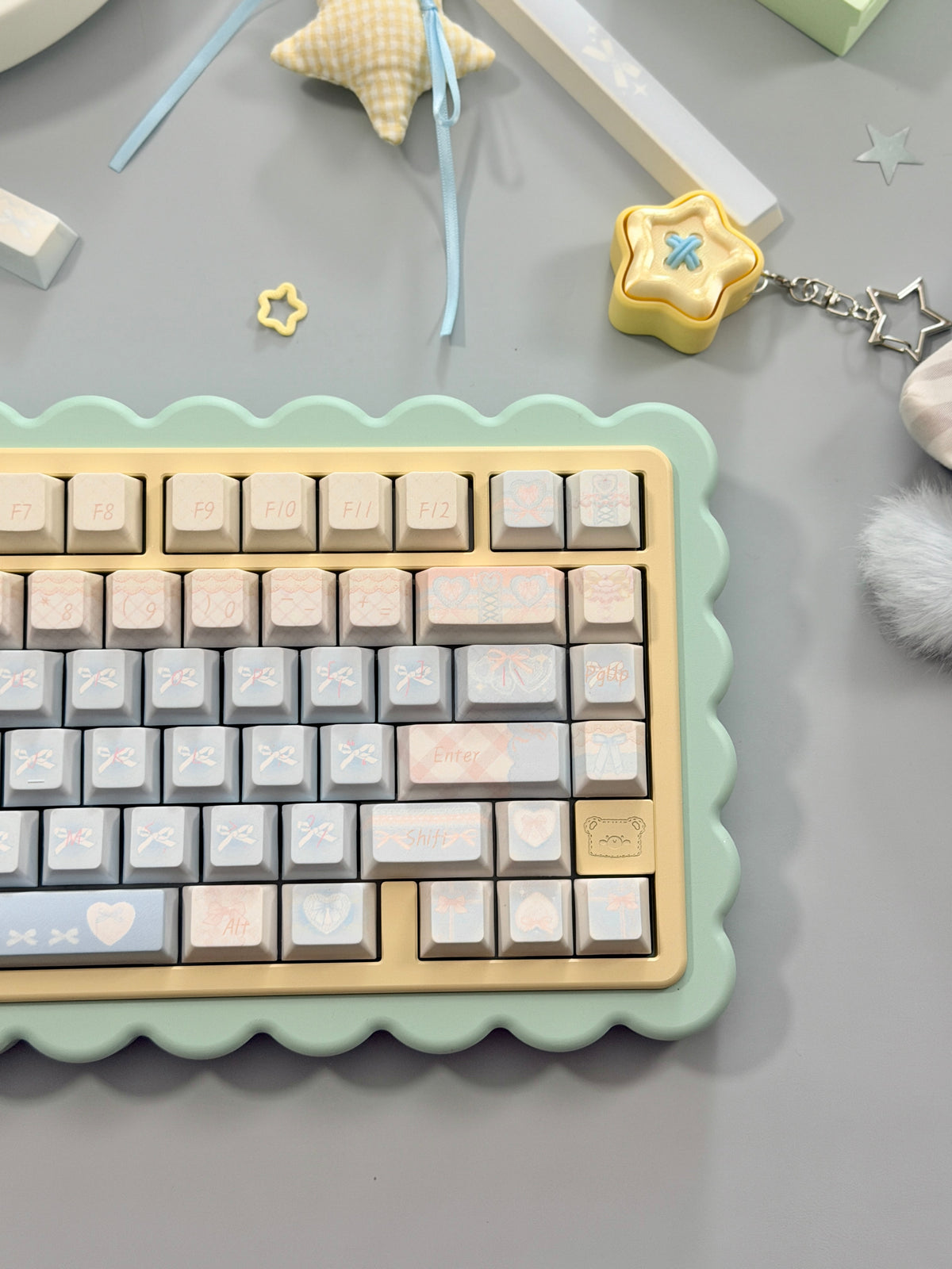 #0303 Aqua Lace Dream Garden Keycaps | Kawaii Pastel Floral & Bow PBT Keycap Set