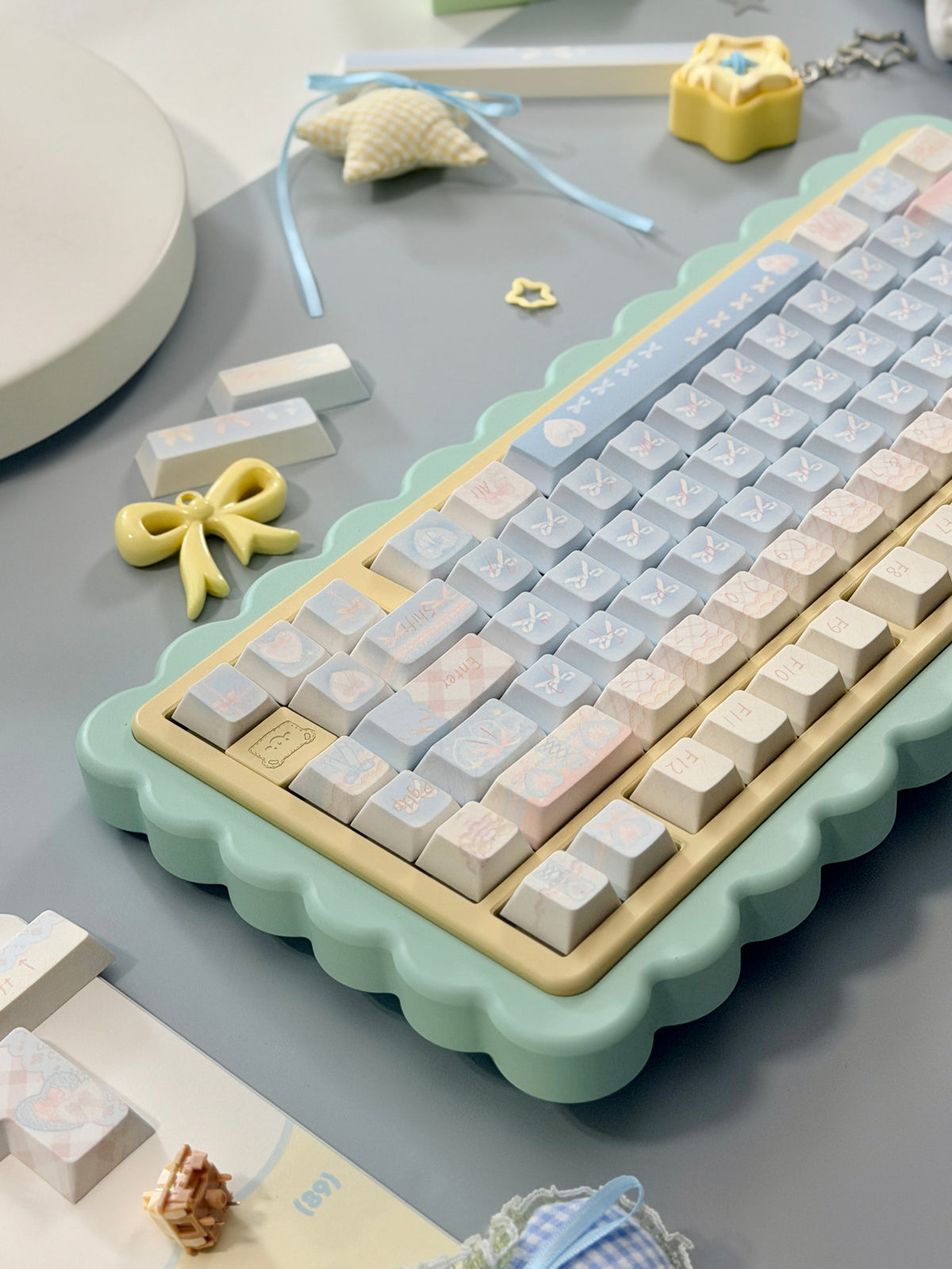 #0303 Aqua Lace Dream Garden Keycaps | Kawaii Pastel Floral & Bow PBT Keycap Set