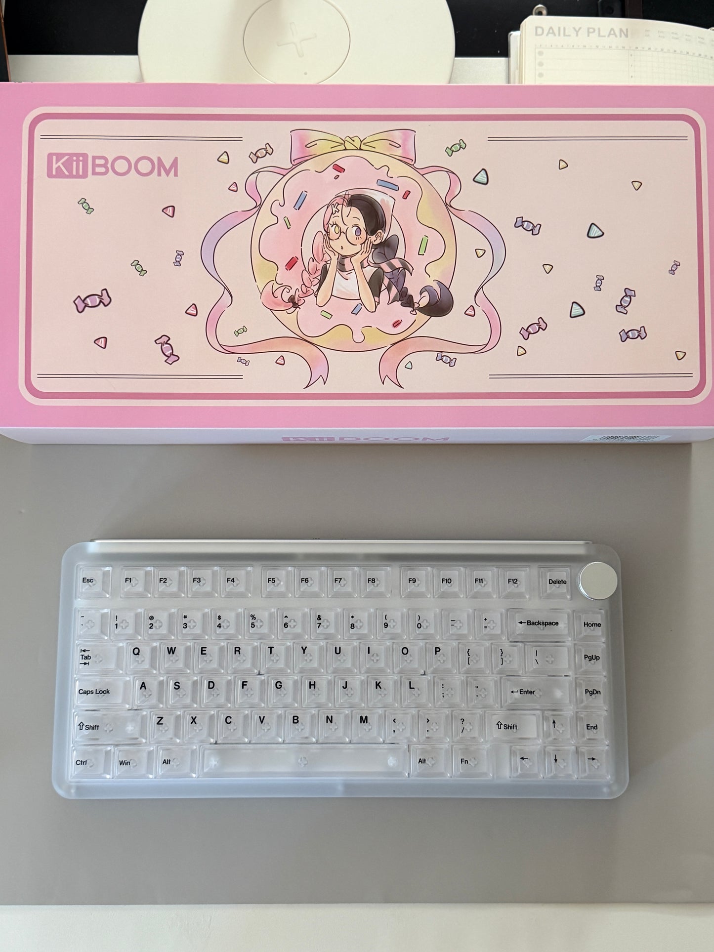 Unboxing Sample For Sale ONLY 1 Instock KiiBOOM Phantom 64 Clear Crystal Acrylic Keyboard + custom Peach Pink Keycaps