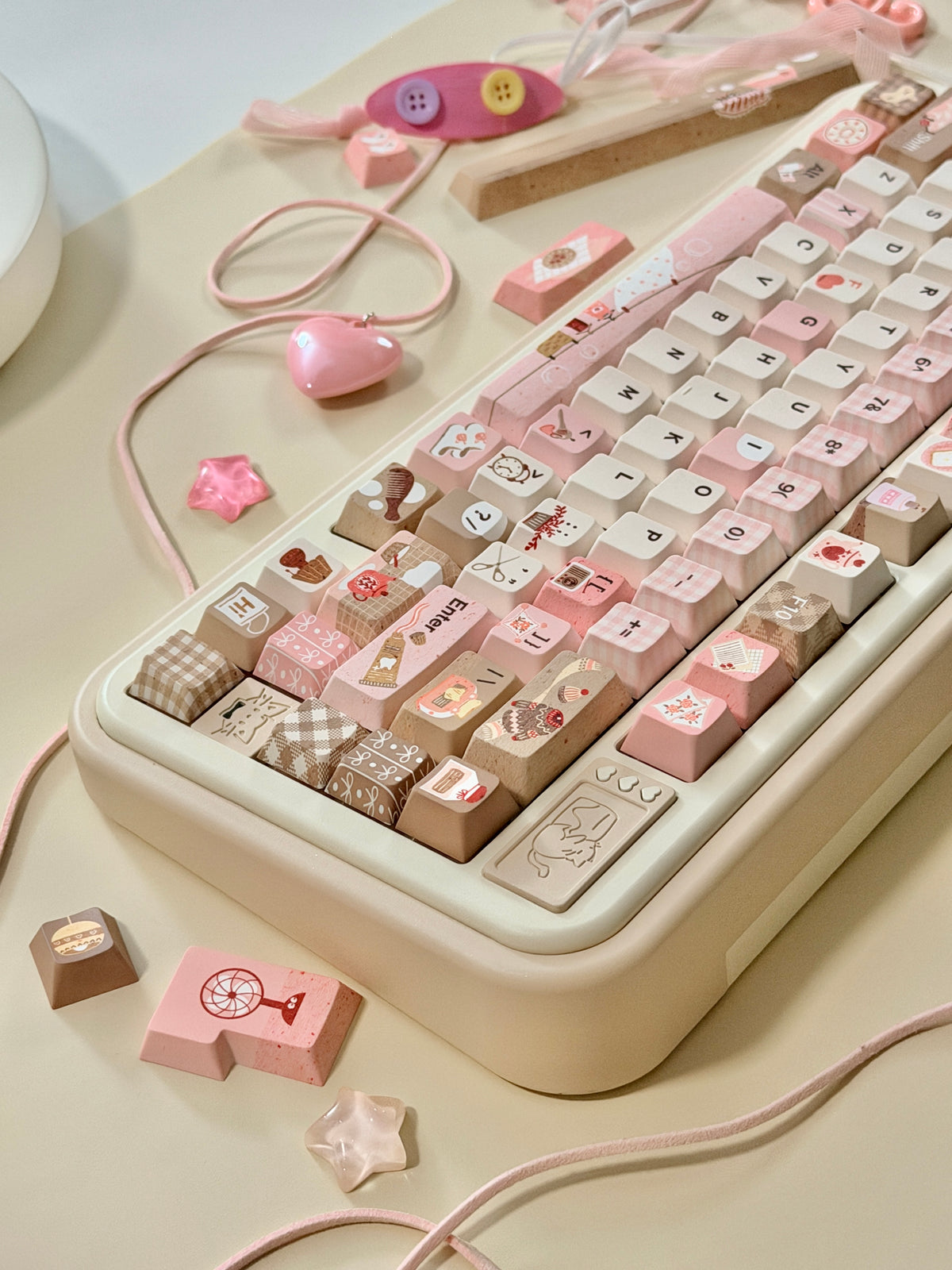 #0313 Sweet Home Strawberry Milk Café Keycaps – Kawaii Pink & Brown Dessert Theme Cute Custom Mechanical Keyboard Keycap Set