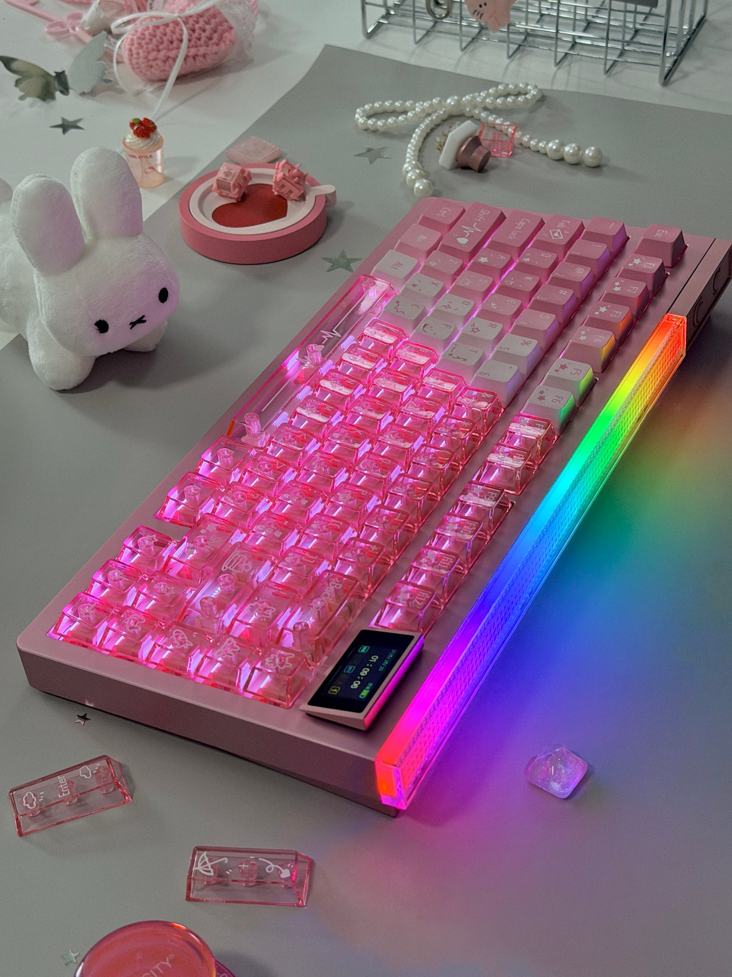 ONLY 1 Unboxing Clearance Anodized Pink GLOW75 DIY Kit &DuoChrome Keycaps & Silent Linear Switches