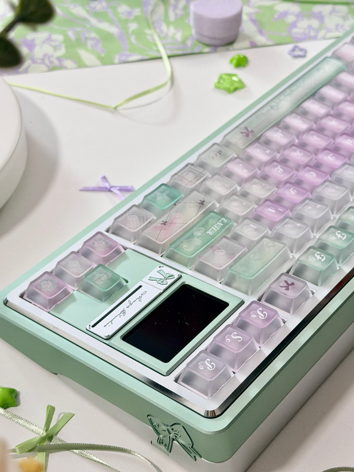 #0318 Lavender Mint Garden Transparent Keycaps Set | Pastel Purple & Sage Green Cute Floral Mechanical Keyboard Keycaps