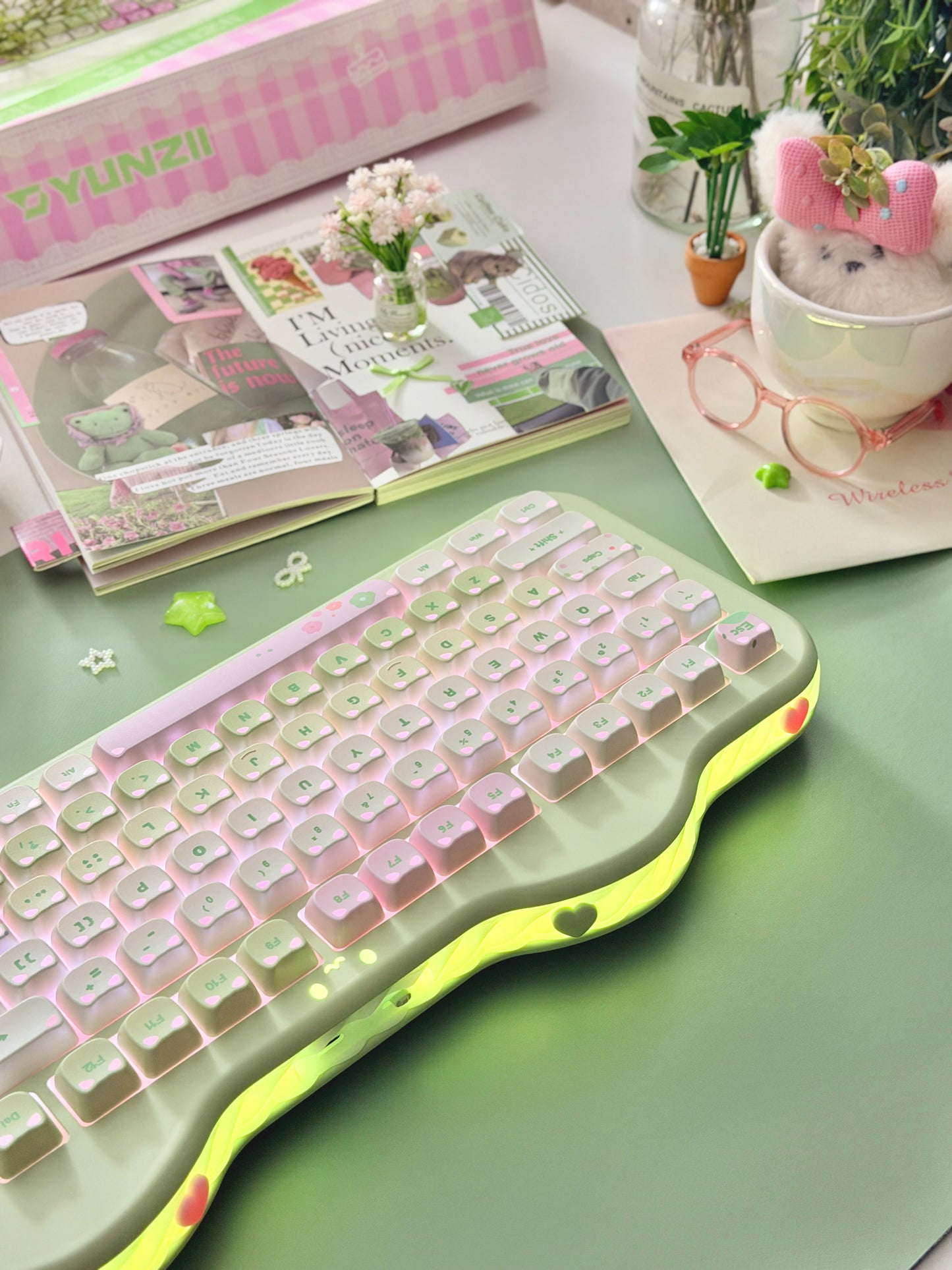Unboxing Clearance ONLY 1 YUNZII C98 MAO Cake Kitten Wireless Mechanical Keyboard （preorder Green）