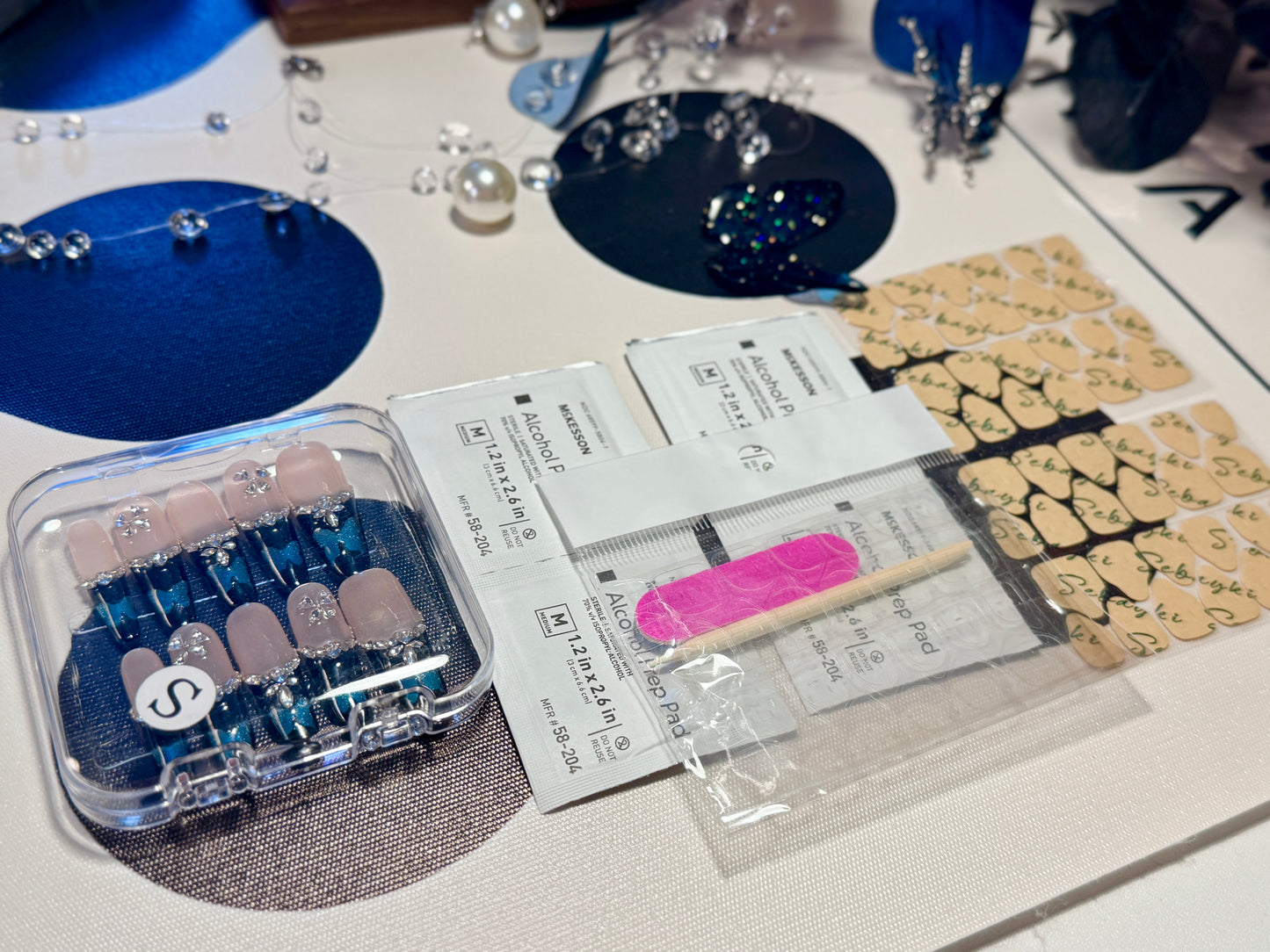 Black Blue Butterfly Press On Nails Shimmering Diamond Long Oval Handmade Nail Arts