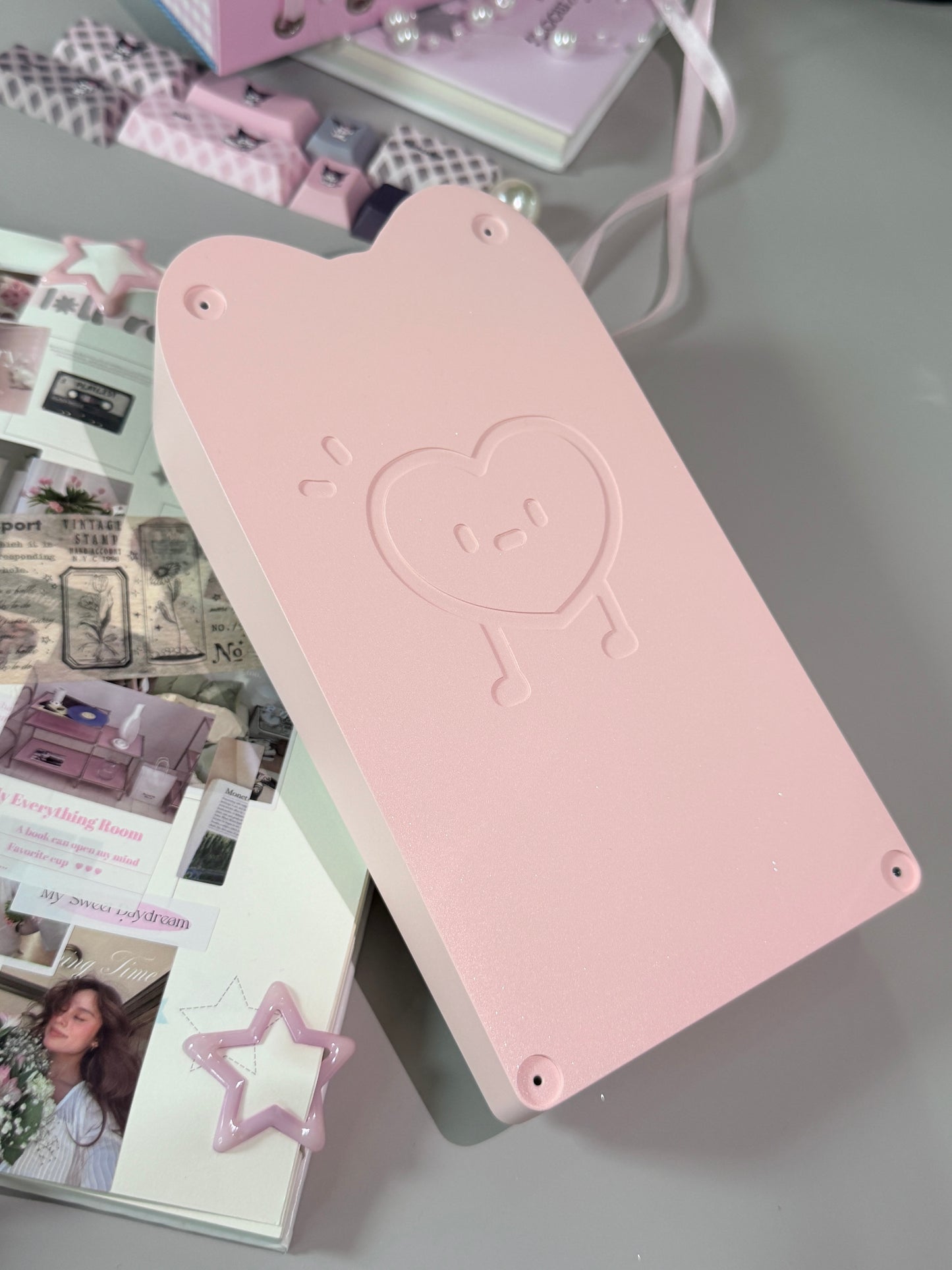 ONLY 1 INSTOCK Prebuilt Aluminum Customized Mechanical Keyboard Rose65 Grey Pink Set With Bow Pad