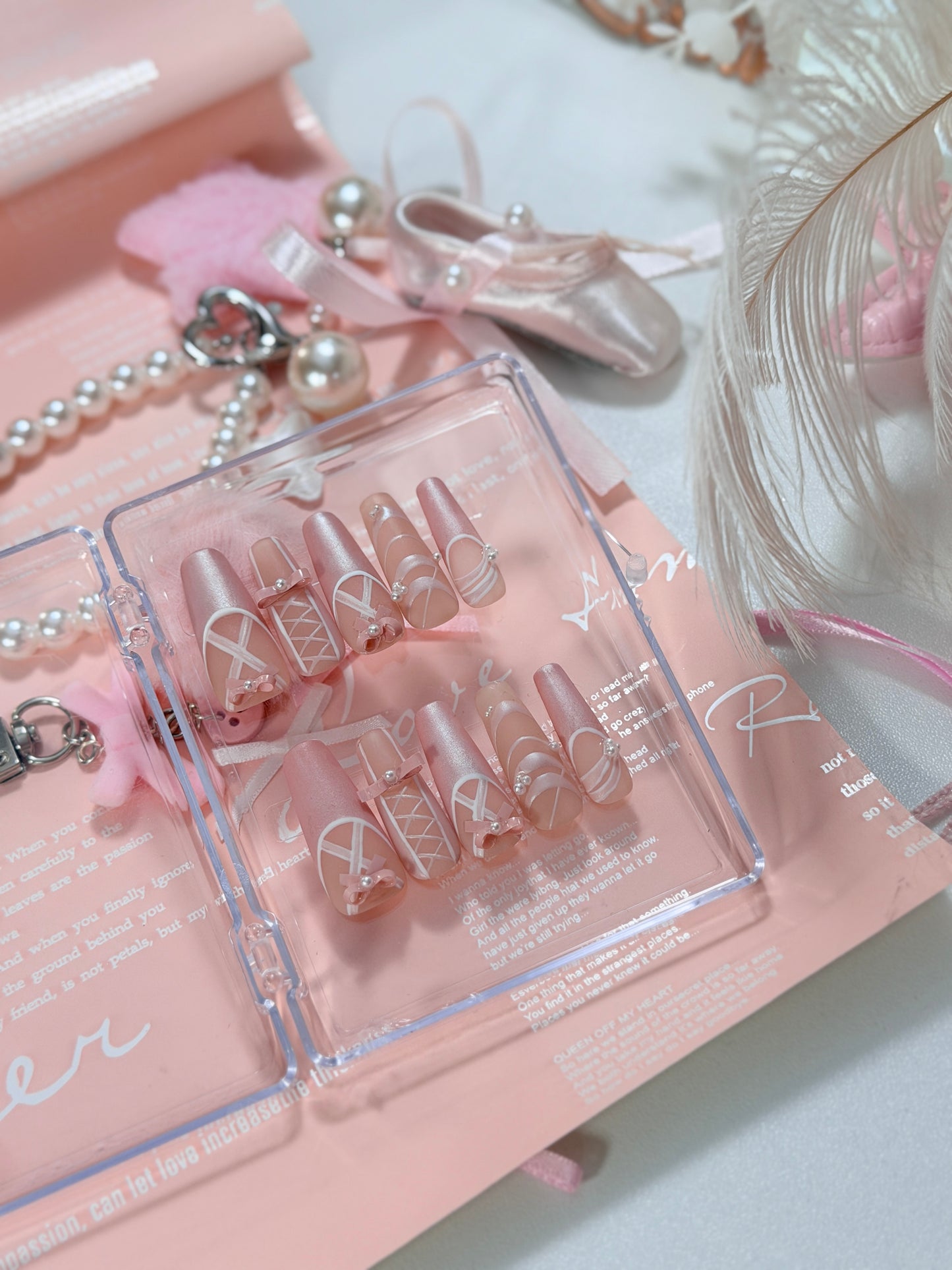 Pearl Pink Ballet Lace Bow Pattern Press On Nails Long Coffin