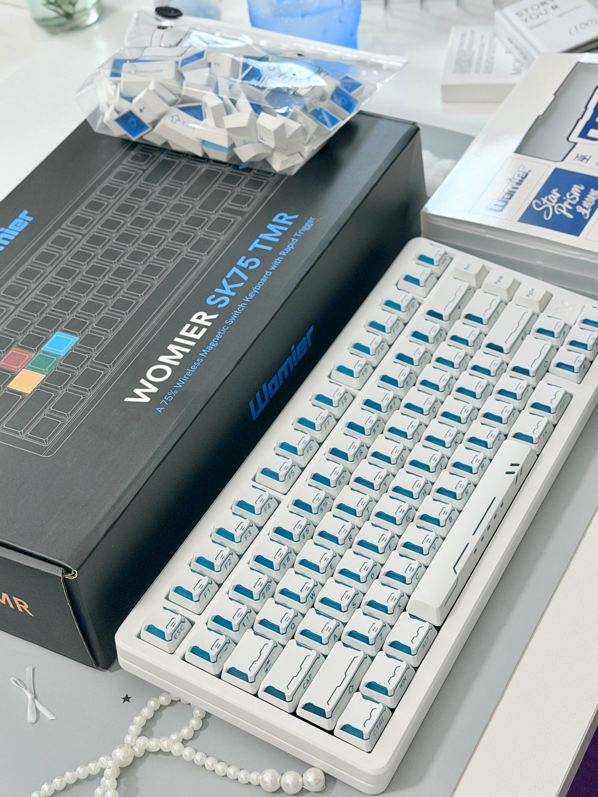 Unboxing ONLY 1 For Clearance WOMIER SK75 TMR White WIRELESS ALUMINUM CUSTOM KEYBOARD & STAR PRISM WHITE-BLUE CHERRY PROFILE SHINE-THROUGH KEYCAP SET