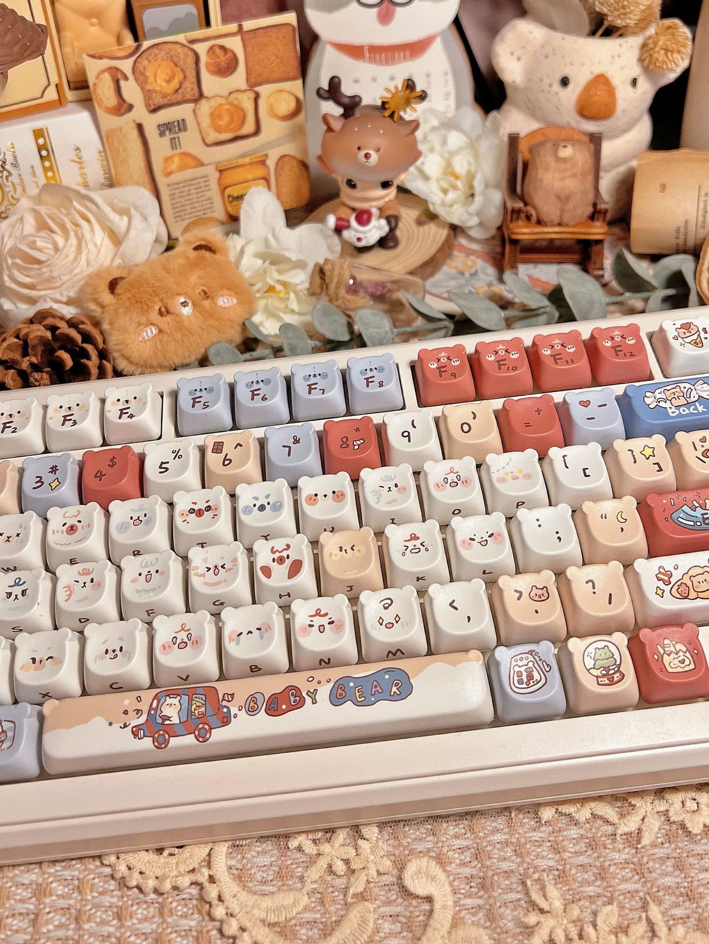 018 Bear Ear Bear Head Blue and Red kawaii emoji 130 keys Keycaps