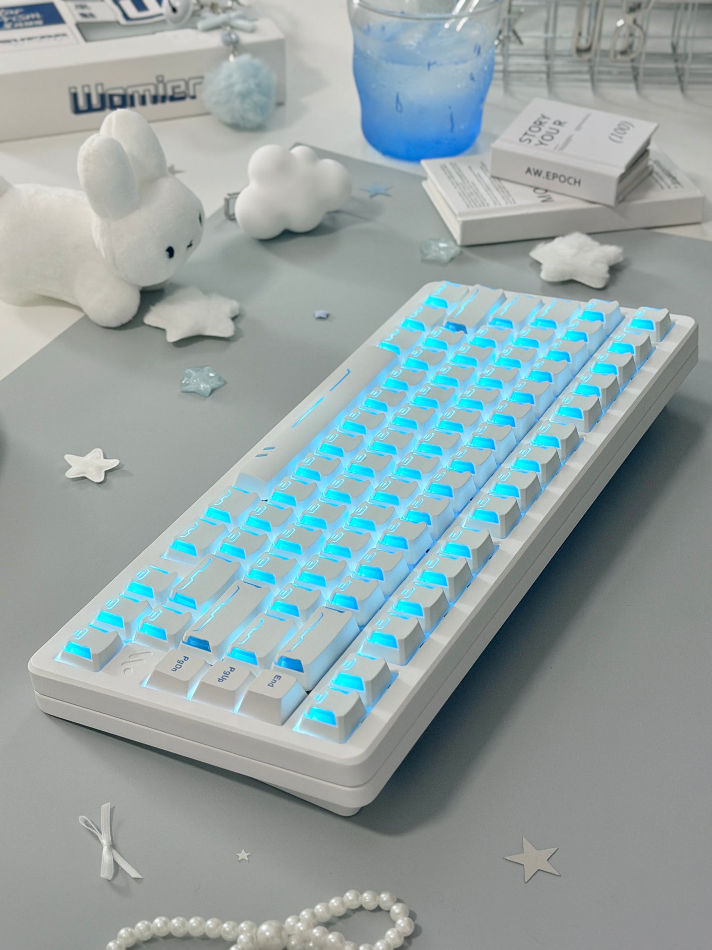 Unboxing ONLY 1 For Clearance WOMIER SK75 TMR White WIRELESS ALUMINUM CUSTOM KEYBOARD & STAR PRISM WHITE-BLUE CHERRY PROFILE SHINE-THROUGH KEYCAP SET