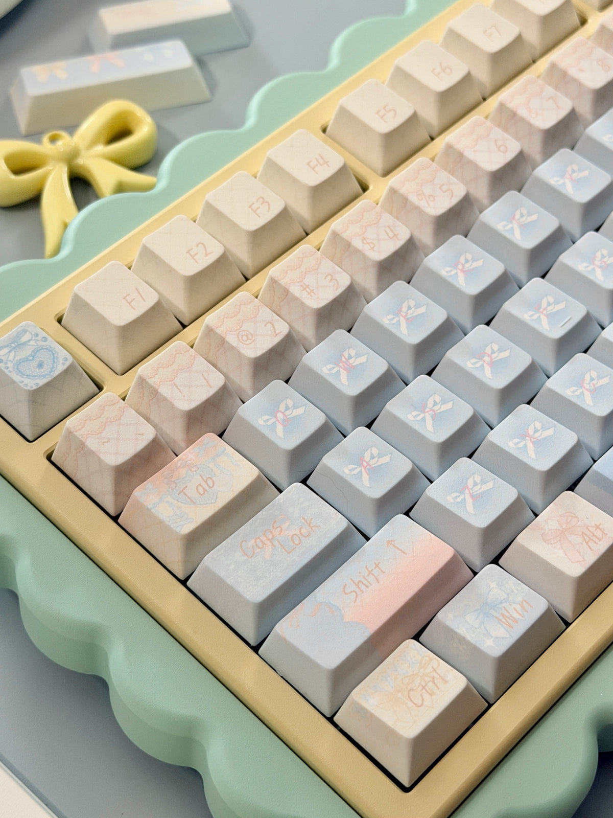 #0303 Aqua Lace Dream Garden Keycaps | Kawaii Pastel Floral & Bow PBT Keycap Set