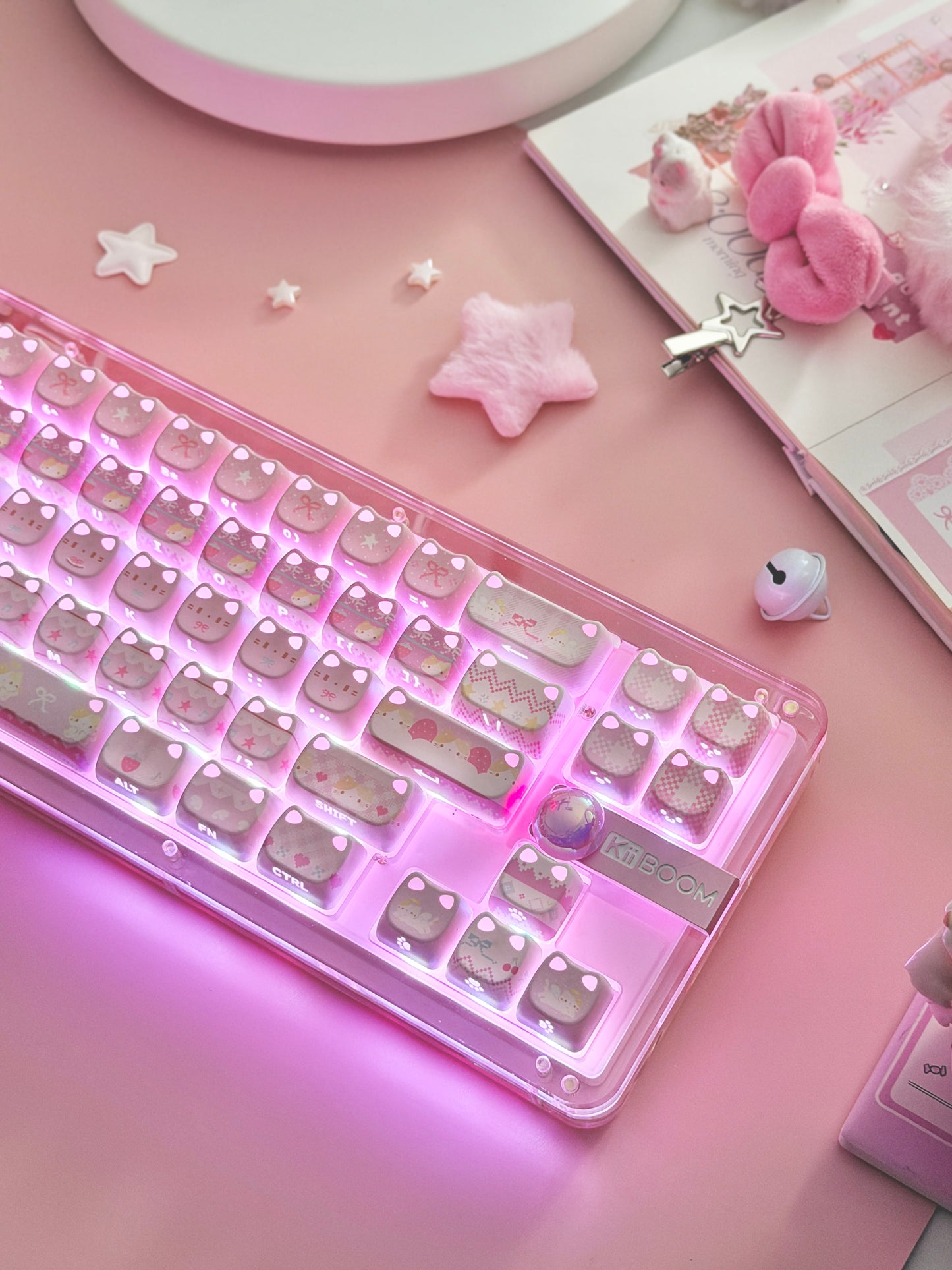 Unboxing Clearance ONLY 1 KiiBOOM Phantom 68 Pink Crystal Gasket-Mounted Mechanical Keyboard & KiiBOOM Pink Meow Keycap Set