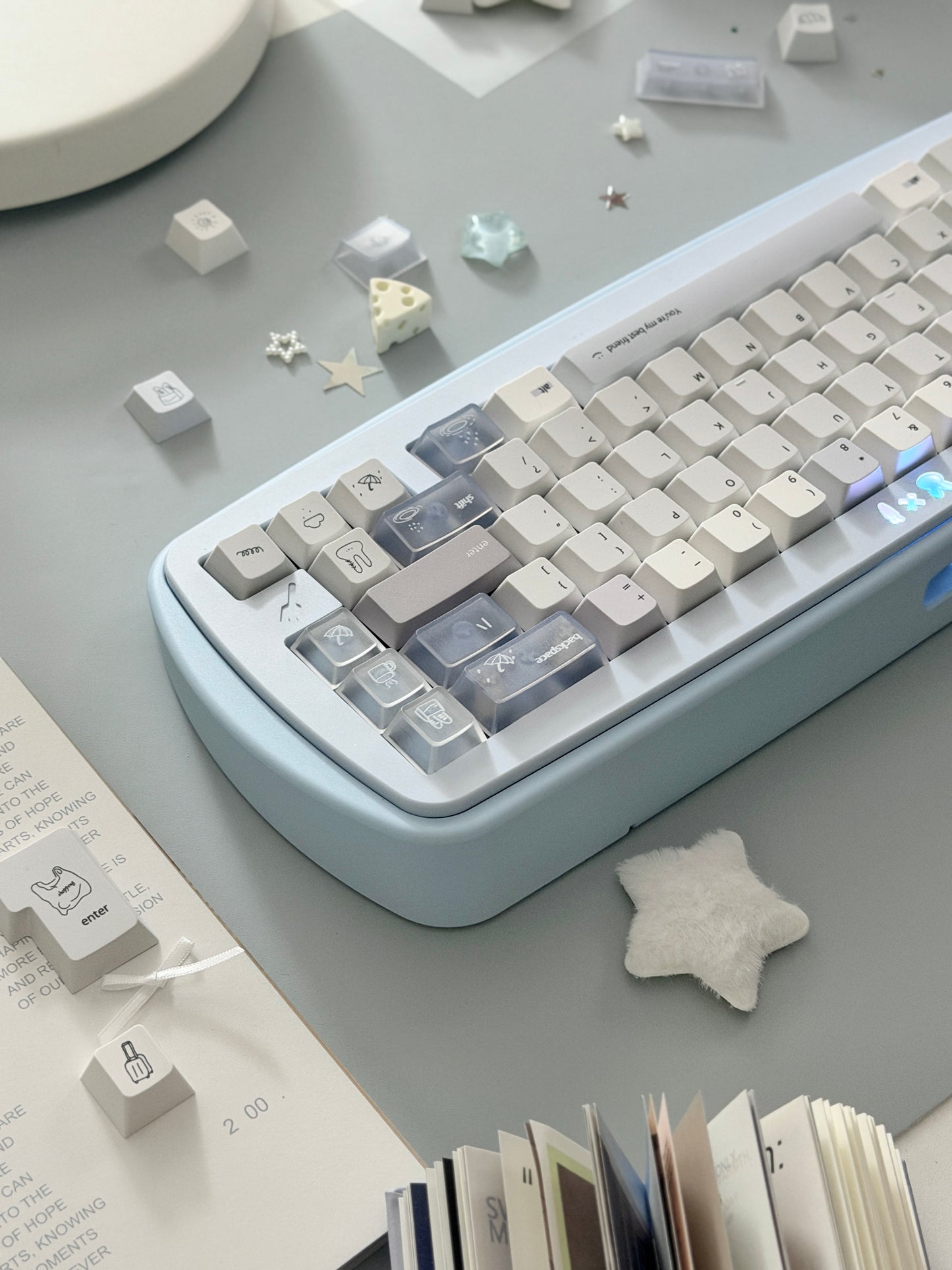 #0296 Minimalist Pale Blue White & Gray Keycap Set – Retro Japanese Style PBT Keycaps for Mechanical Keyboards Designed By Mochi Lab