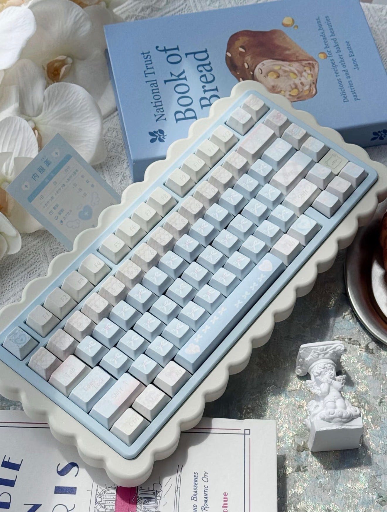 #0303 Aqua Lace Dream Garden Keycaps | Kawaii Pastel Floral & Bow PBT Keycap Set