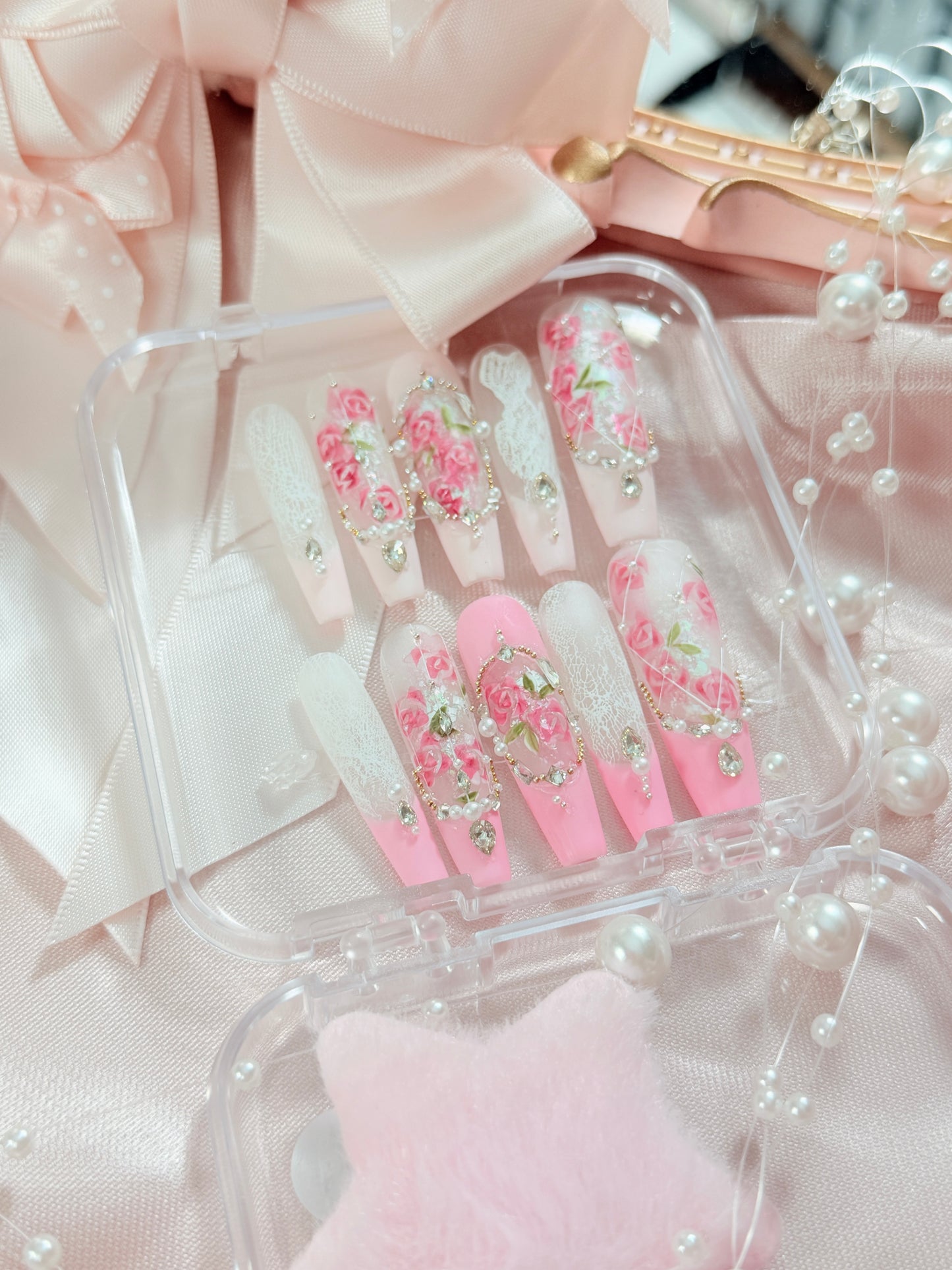 Barbie Pink Lace Flower Matte Finish Press On Nails Long Coffin Handmade With Diamond Pearl Beads