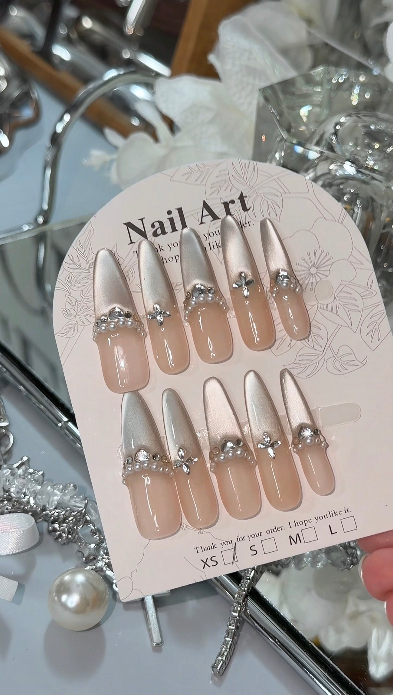 Silver Champagne Press On Nails Shimmering Diamond Pearl Long Stelitto Handmade Nail