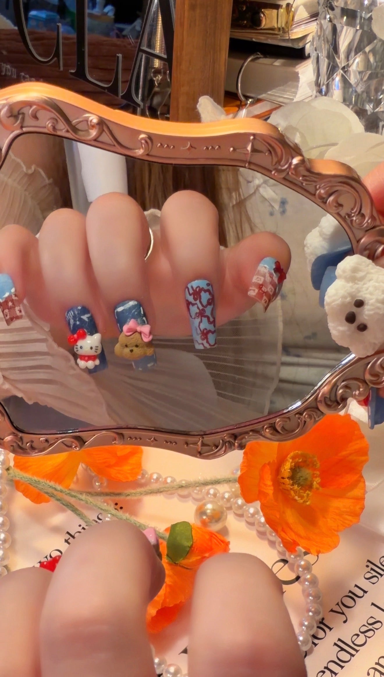 Kawaii Puppy Kitty 3D Red Apple Bow Denim Jeans Pattern Press On Nails Long Pipe