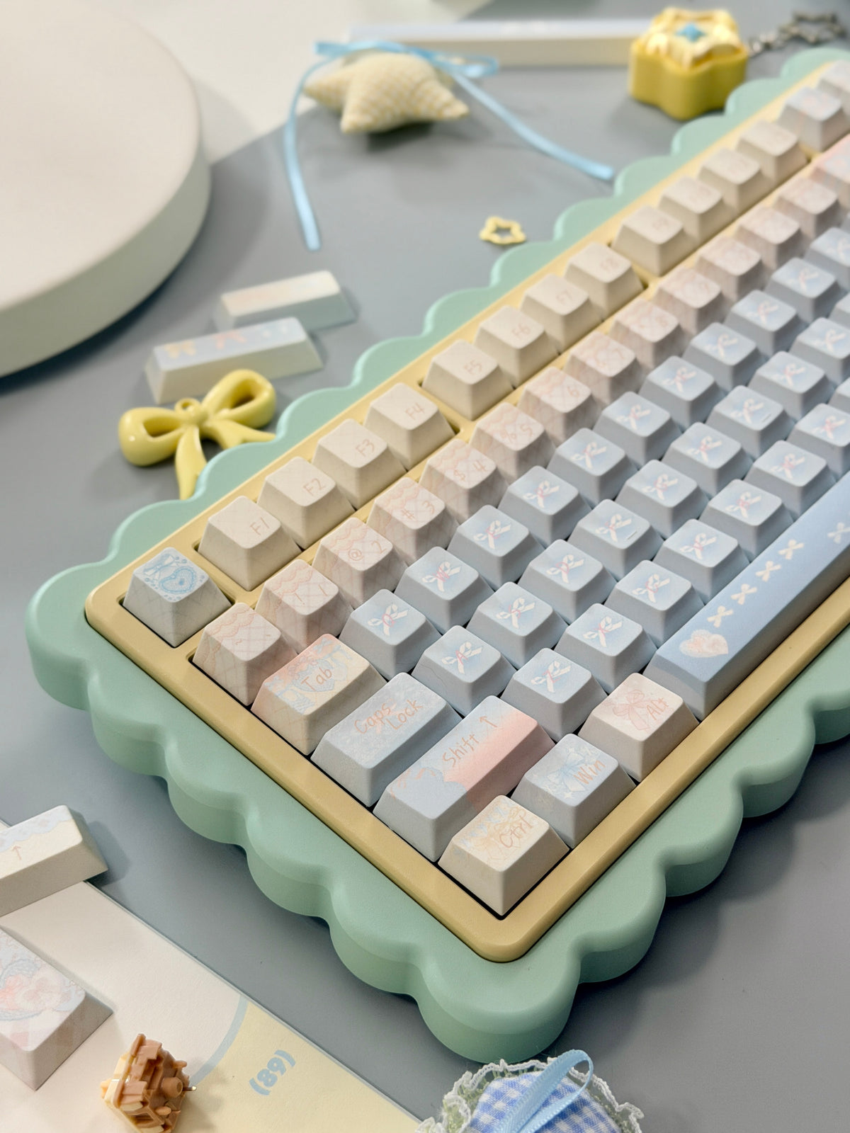 #0303 Aqua Lace Dream Garden Keycaps | Kawaii Pastel Floral & Bow PBT Keycap Set