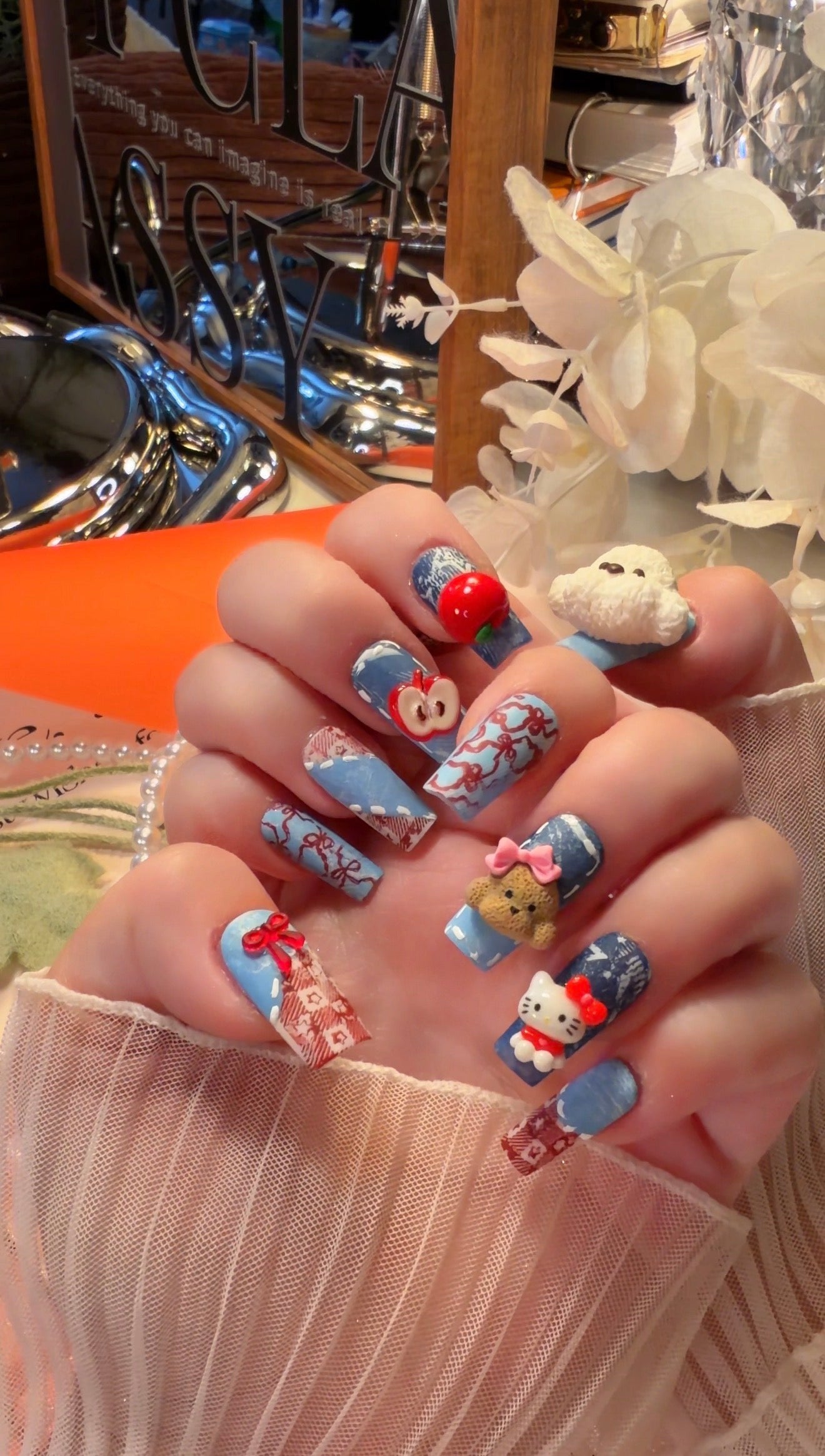 Kawaii Puppy Kitty 3D Red Apple Bow Denim Jeans Pattern Press On Nails Long Pipe