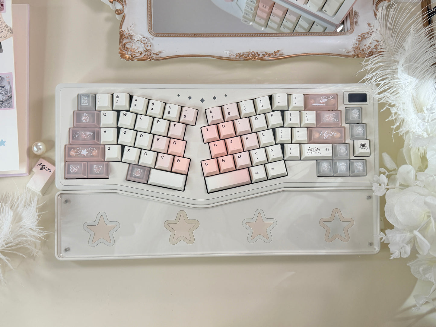 ONLY 1 Instock Prebuilt Aluminum Customized Mechanical Keyboard Staralice Cream White Set With Wristrest & Bow Pad