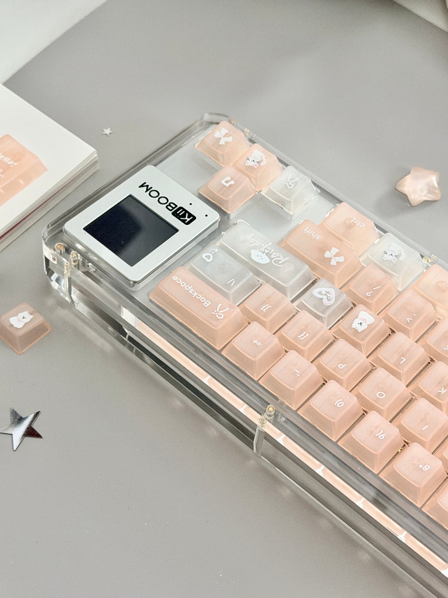 Unboxing Sample For Sale ONLY 1 Instock KiiBOOM Phantom 64 Clear Crystal Acrylic Keyboard + custom Peach Pink Keycaps