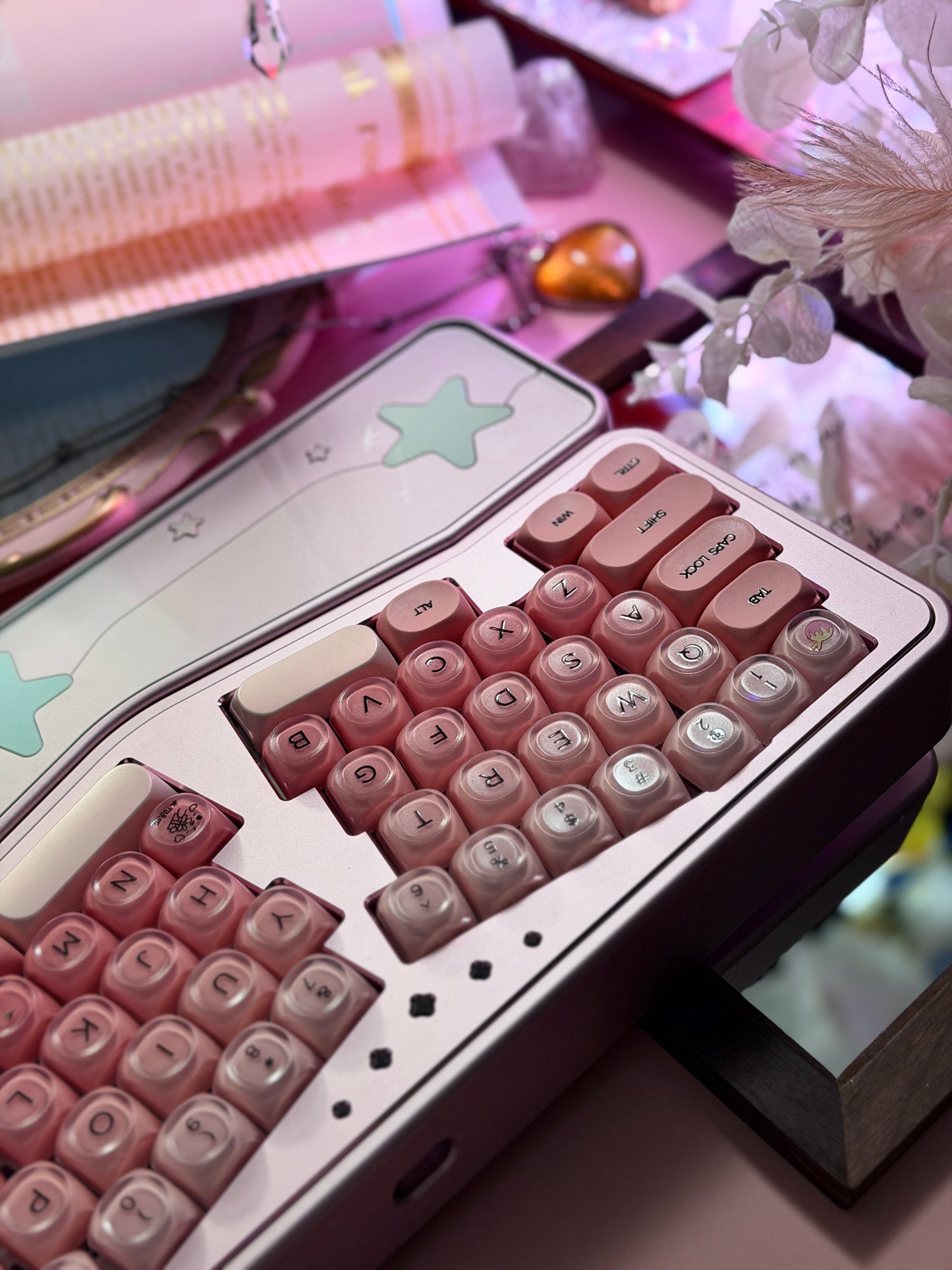 ONLY 1 Instock Prebuilt Aluminum Custom Mechanical Keyboard Staralice Ergonomic Anodized Pink Set including Wristrest Keycaps & switches