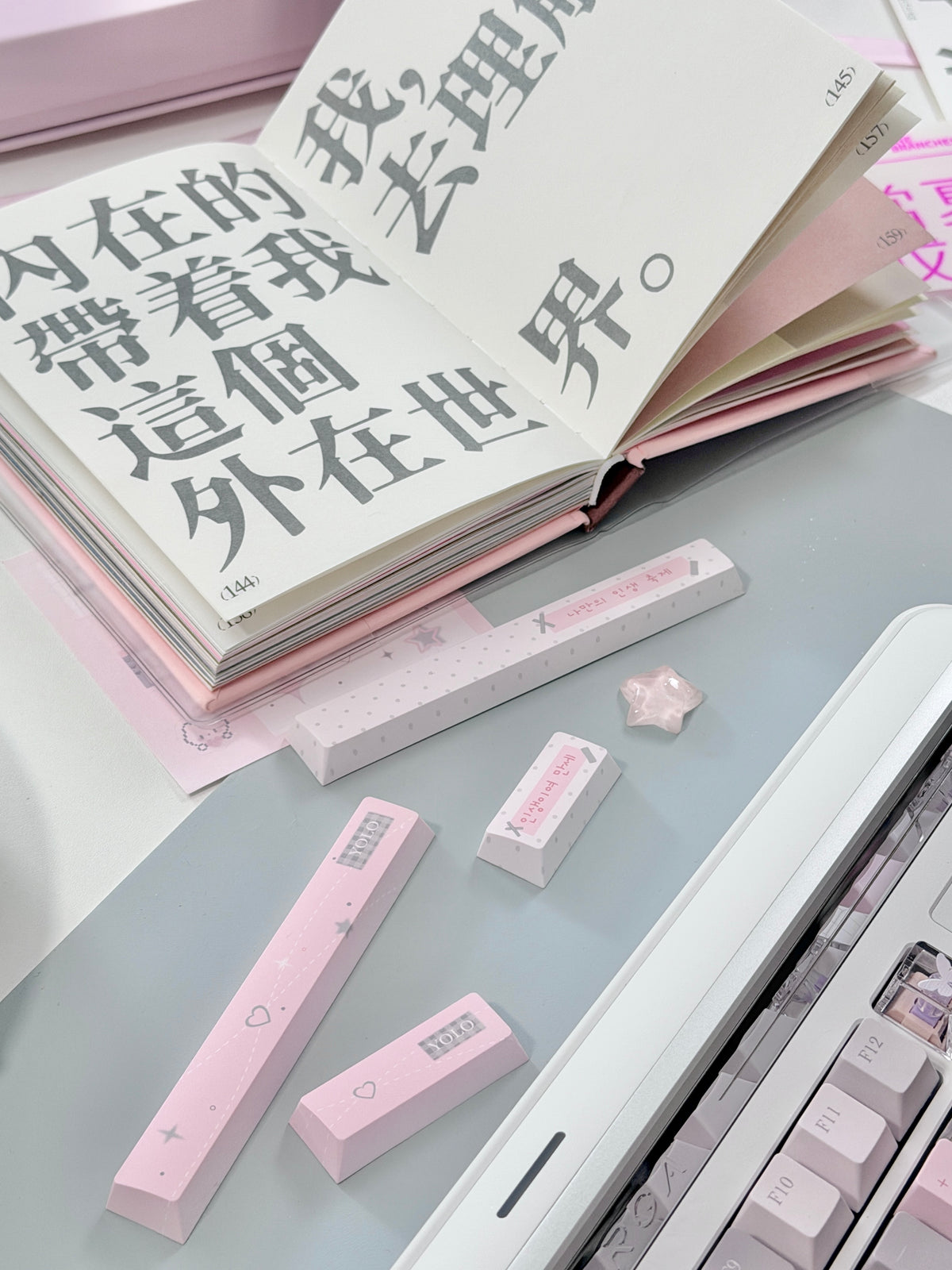 #0310 YOLO Pale Pink Light Gray Aesthetic Keycaps Set | Cute Mechanical Keyboard Keycaps