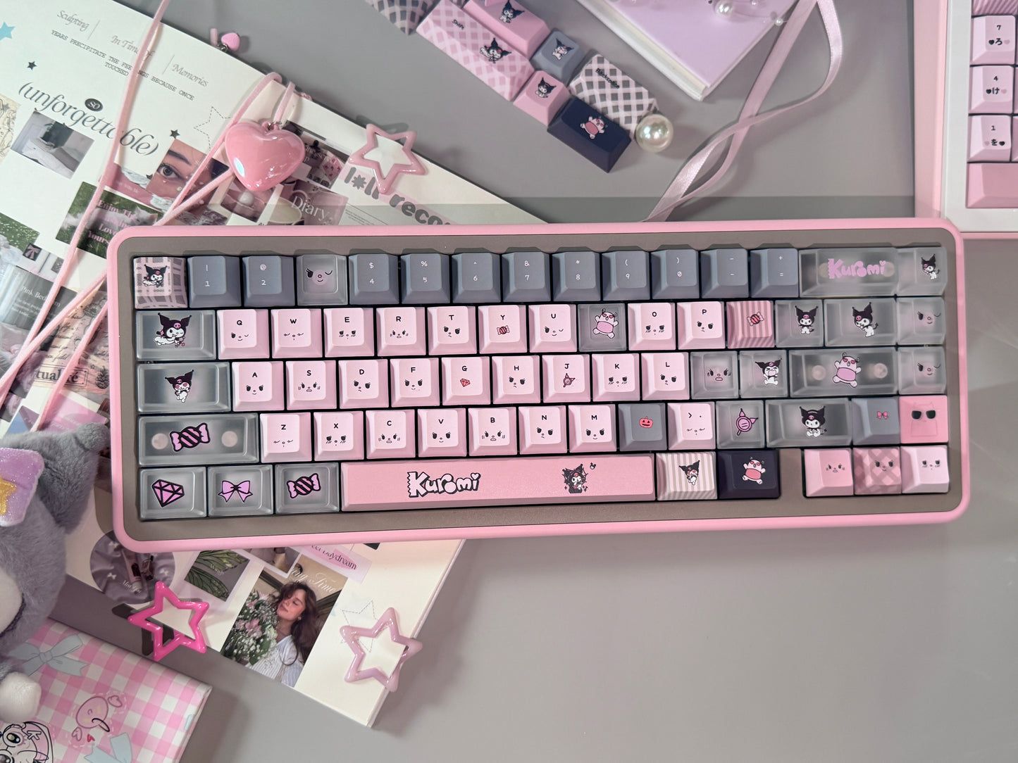 ONLY 1 INSTOCK Prebuilt Aluminum Customized Mechanical Keyboard Rose65 Grey Pink Set With Bow Pad