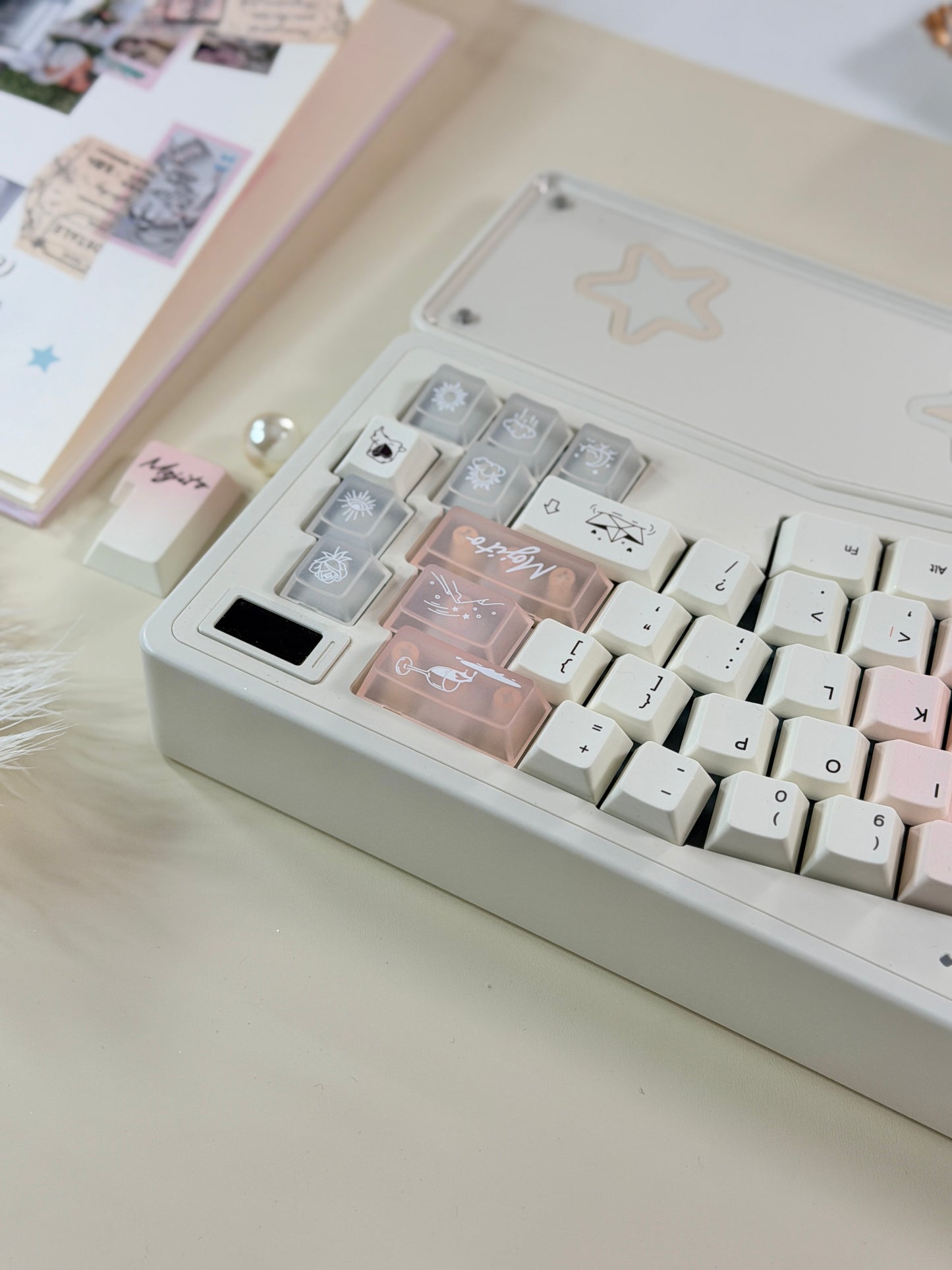 ONLY 1 Instock Prebuilt Aluminum Customized Mechanical Keyboard Staralice Cream White Set With Wristrest & Bow Pad