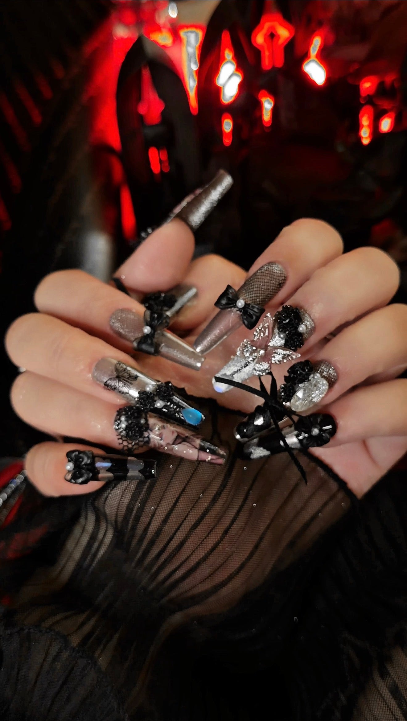 Gothic Dark Black Butterfly Lace Moonstone Press On Nails Long Coffin Handmade Paint