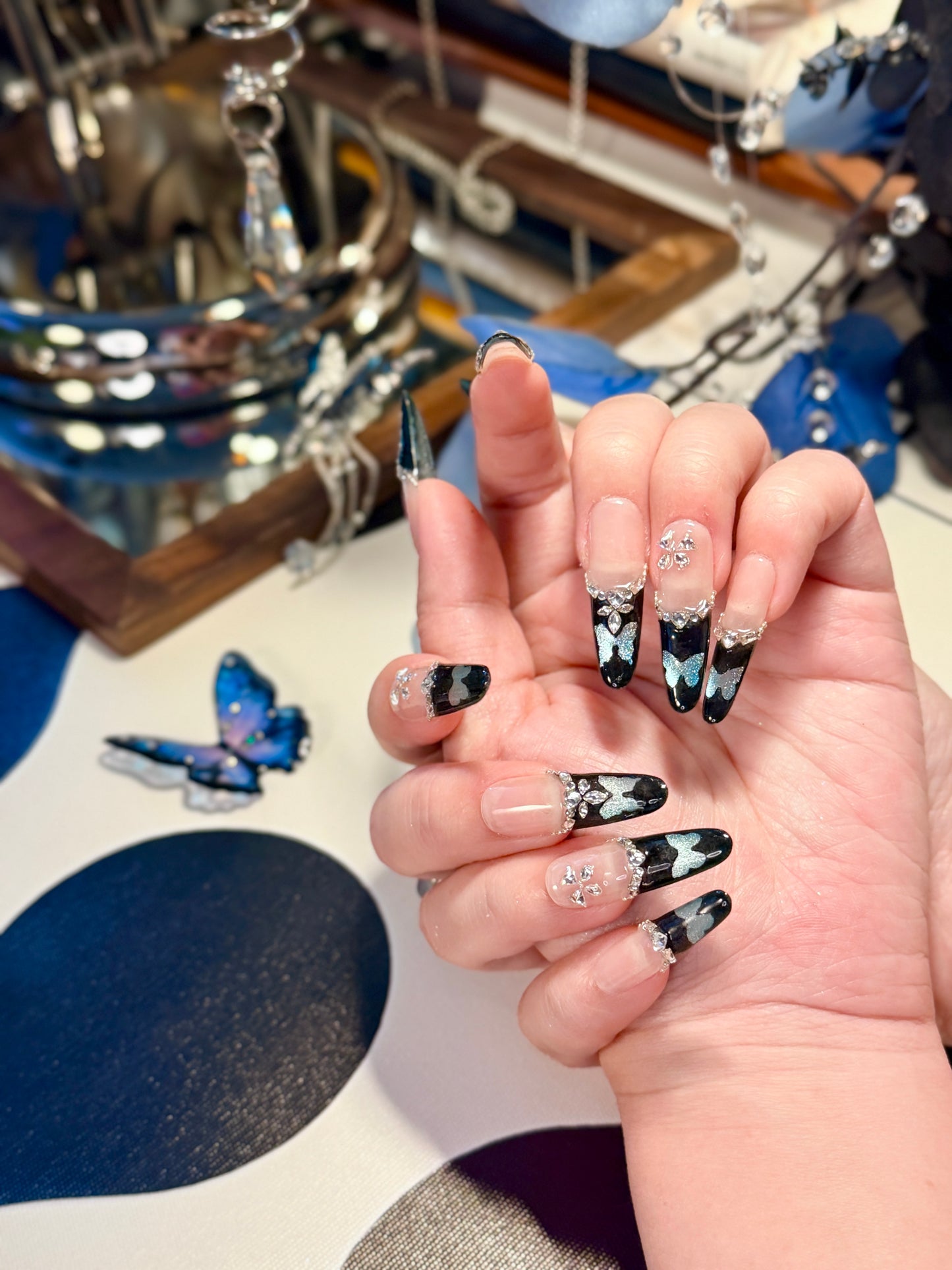 Black Blue Butterfly Press On Nails Shimmering Diamond Long Oval Handmade Nail Arts