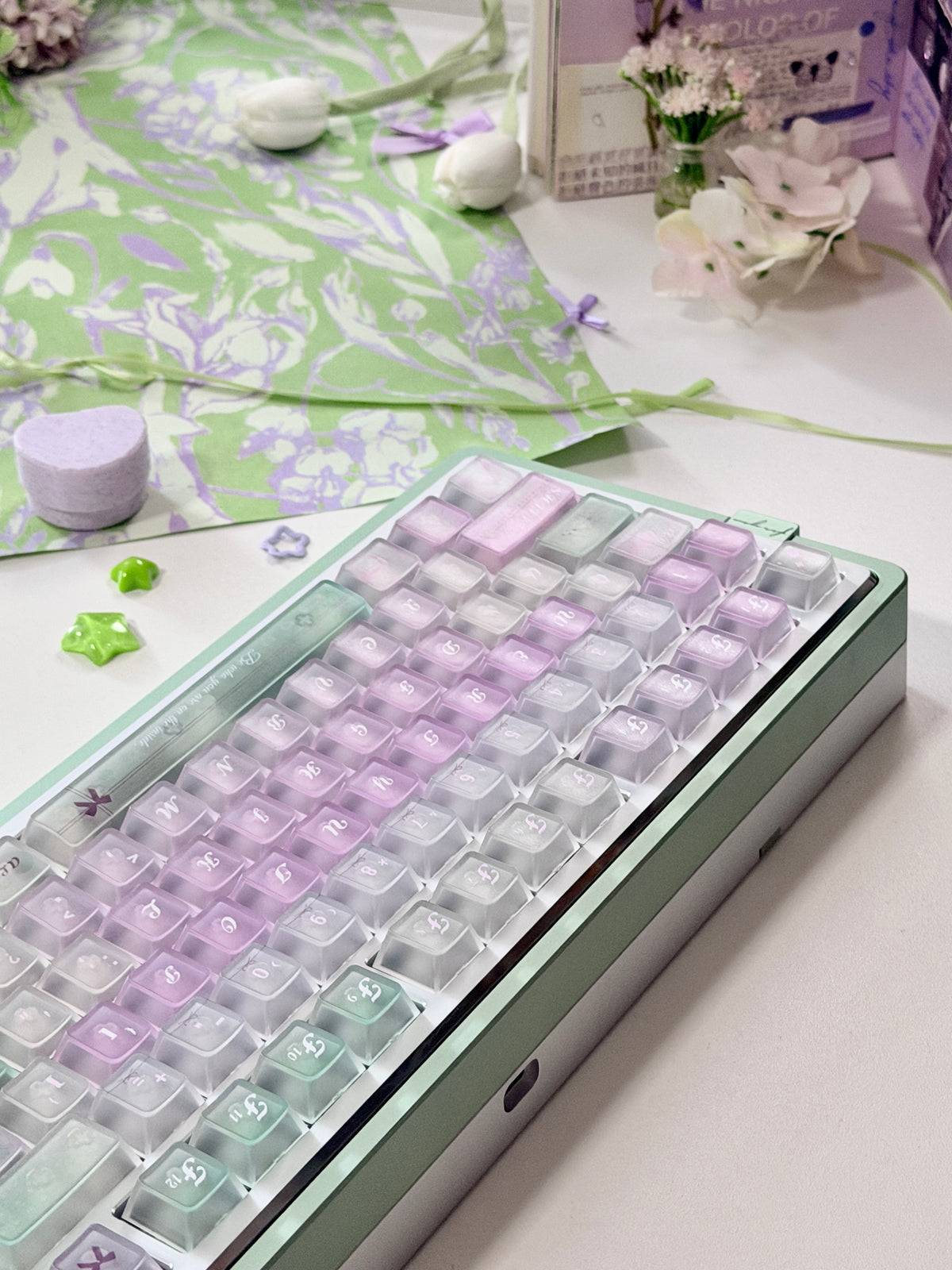 #0318 Lavender Mint Garden Transparent Keycaps Set | Pastel Purple & Sage Green Cute Floral Mechanical Keyboard Keycaps