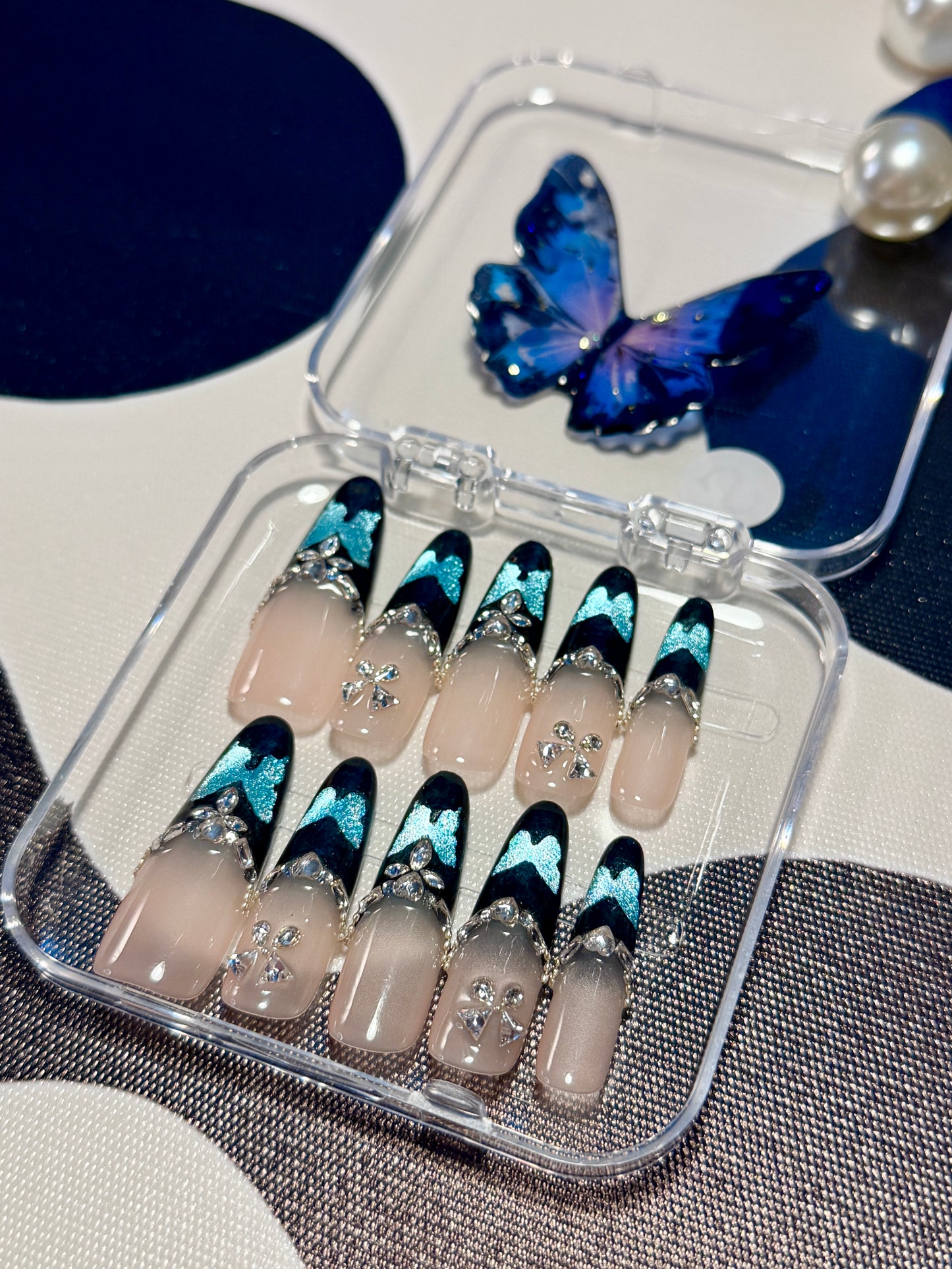 Black Blue Butterfly Press On Nails Shimmering Diamond Long Oval Handmade Nail Arts
