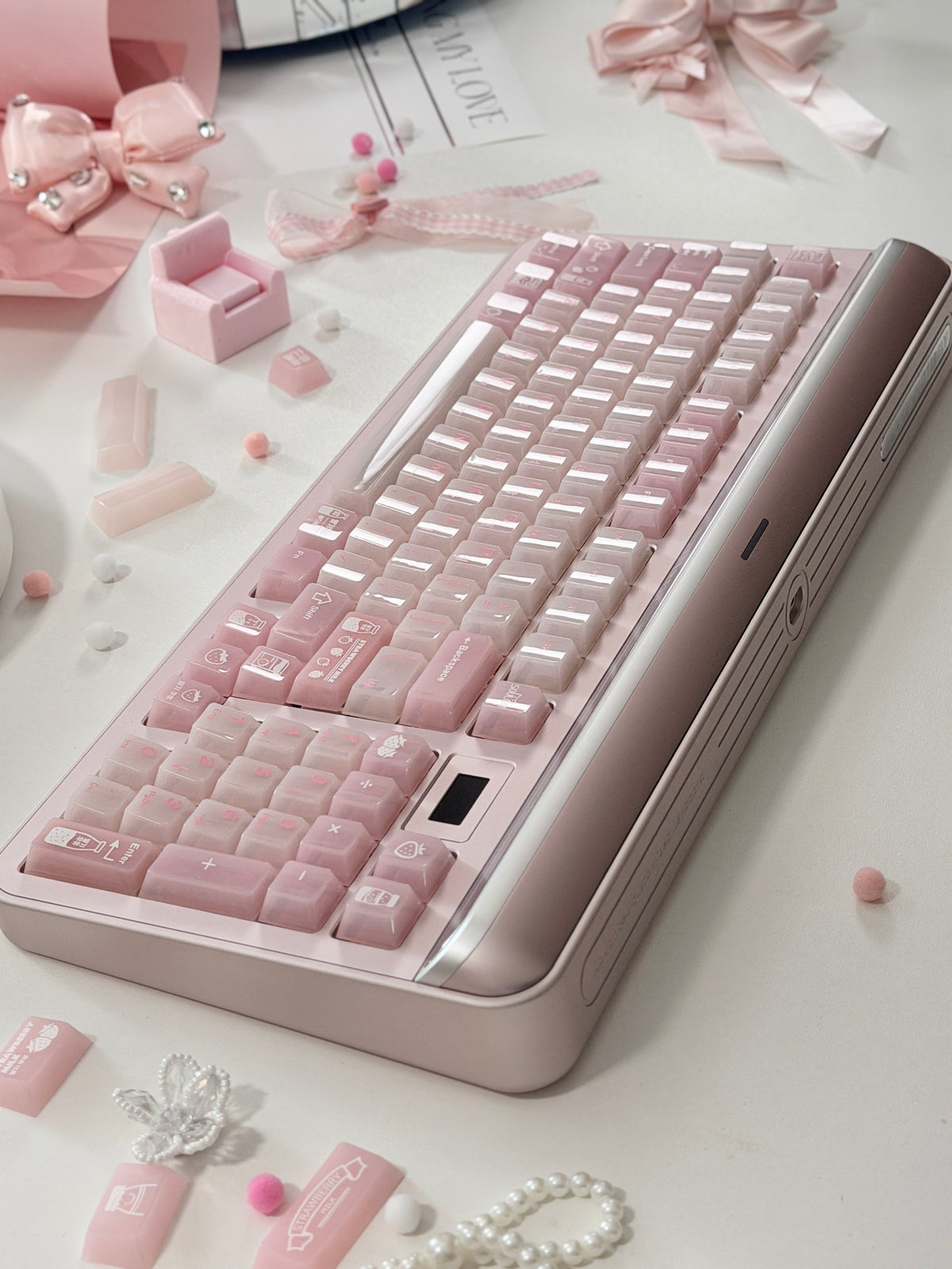 #0308 SoulCat Pink Strawberry Milk Jelly PC Keycap – Cute Romantic Keycap for Mechanical Keyboards, Kawaii Pink Cherry MX Keycap