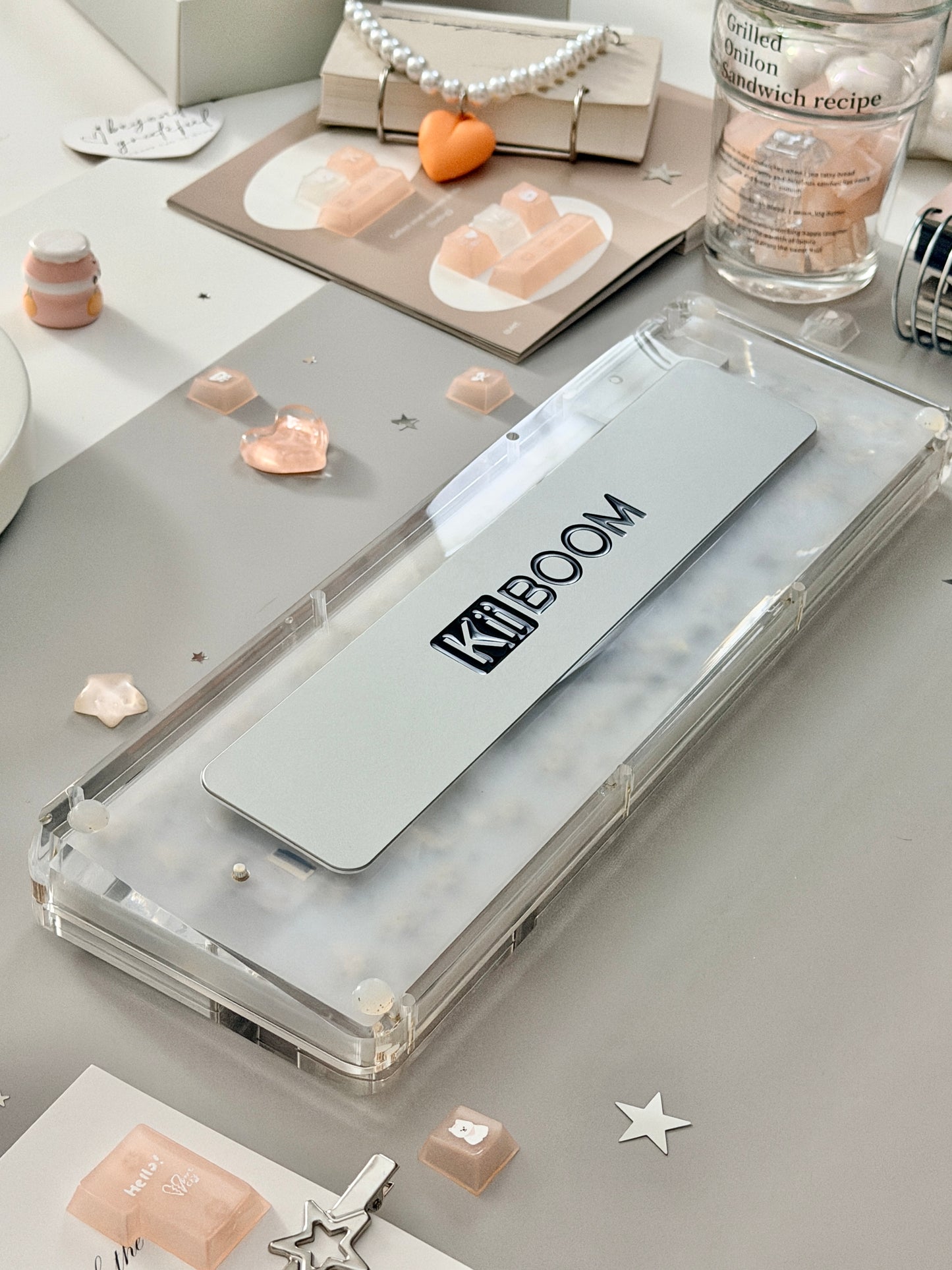 Unboxing Sample For Sale ONLY 1 Instock KiiBOOM Phantom 64 Clear Crystal Acrylic Keyboard + custom Peach Pink Keycaps