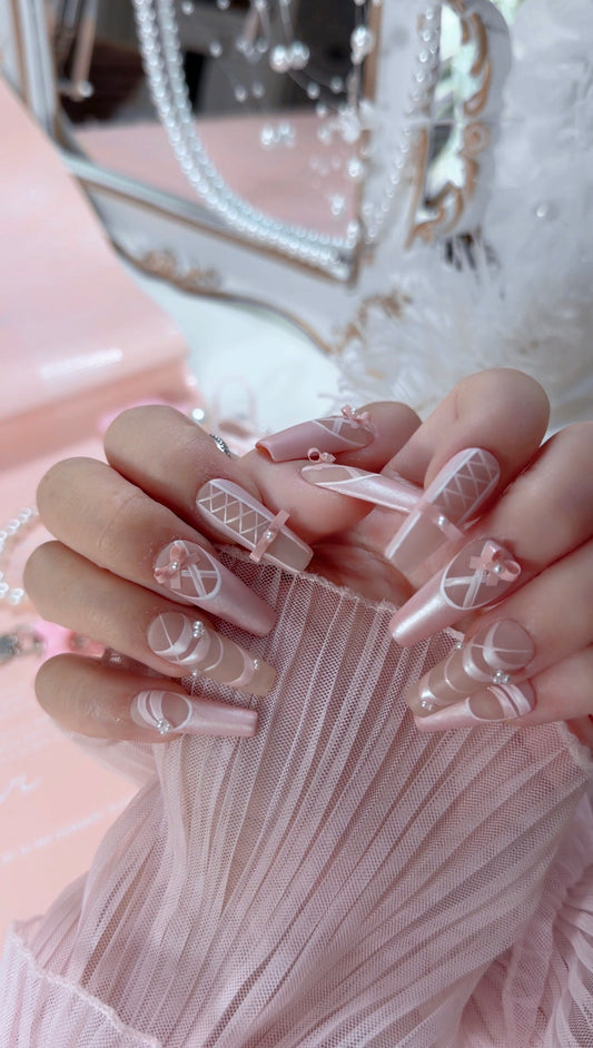 Pearl Pink Ballet Lace Bow Pattern Press On Nails Long Coffin