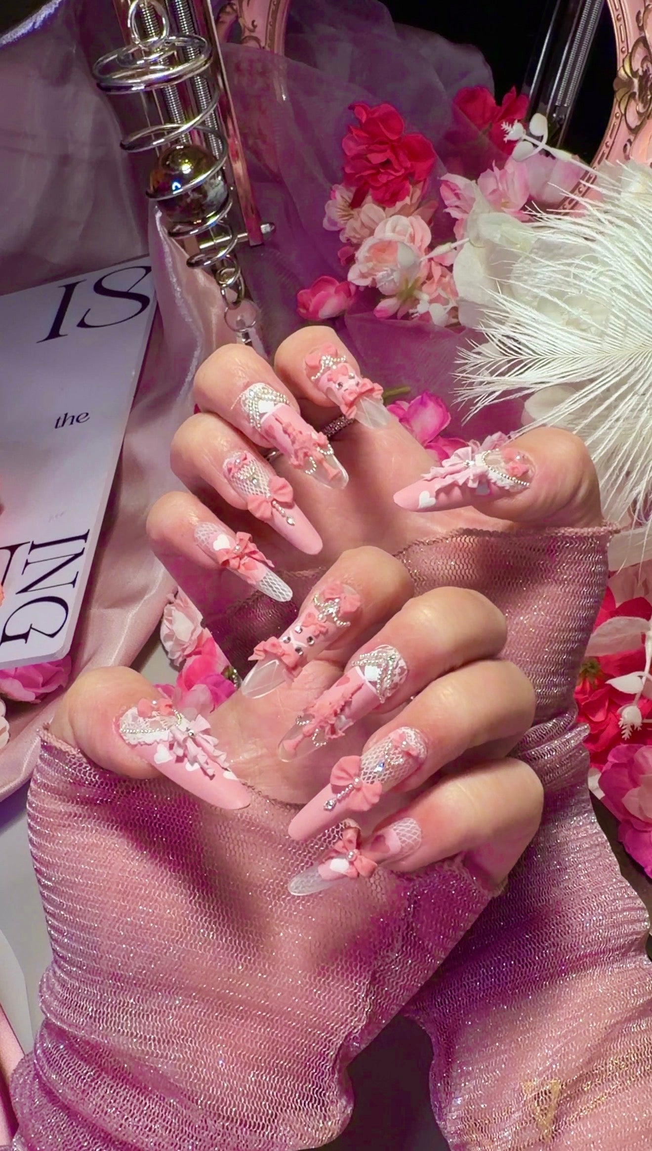 Pink Princess Bow Lace Flower Matte Finish Press On Nails Long Y05 With Pearl Beads Diamond Decor