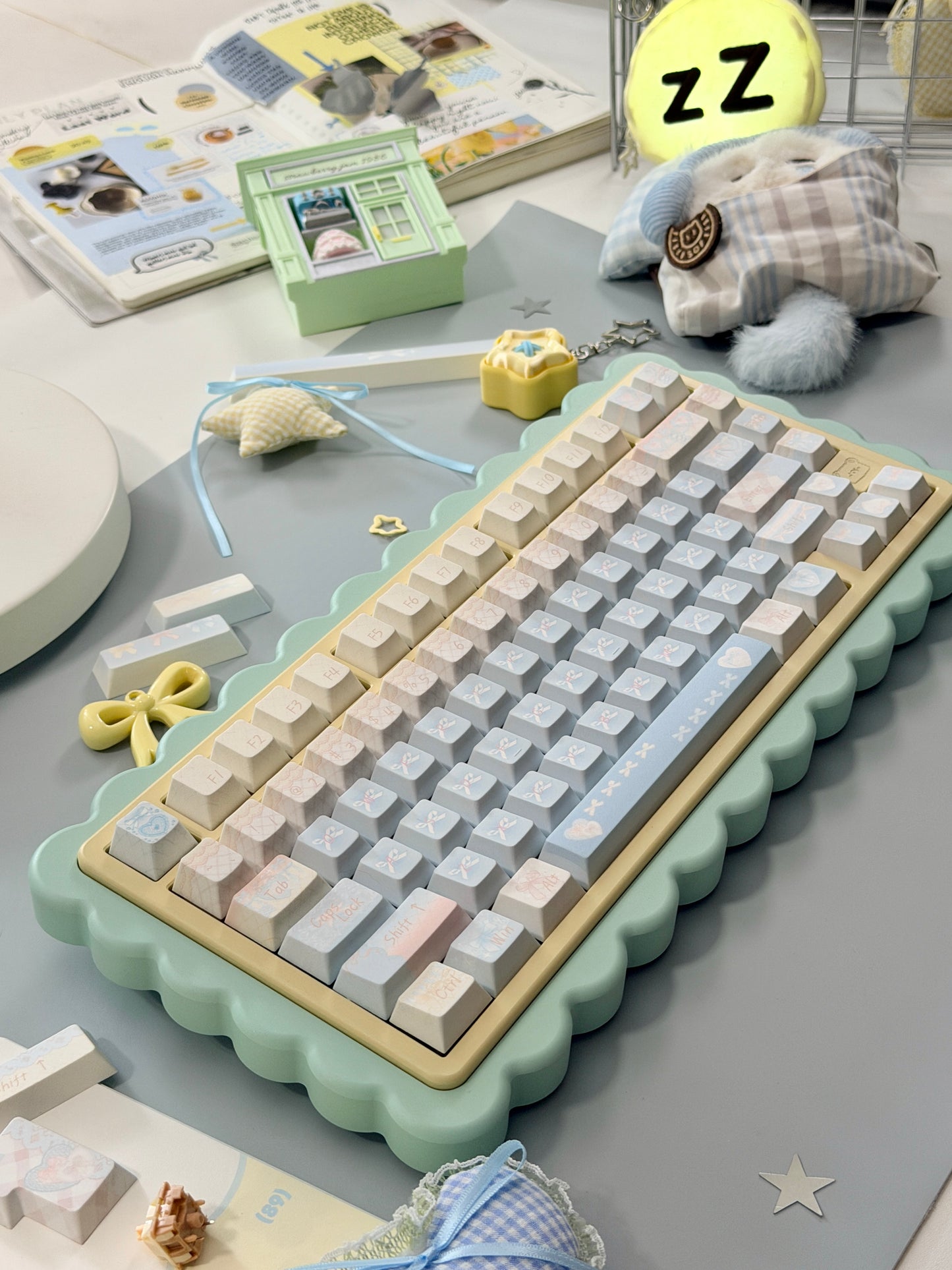 #0303 Aqua Lace Dream Garden Keycaps | Kawaii Pastel Floral & Bow PBT Keycap Set