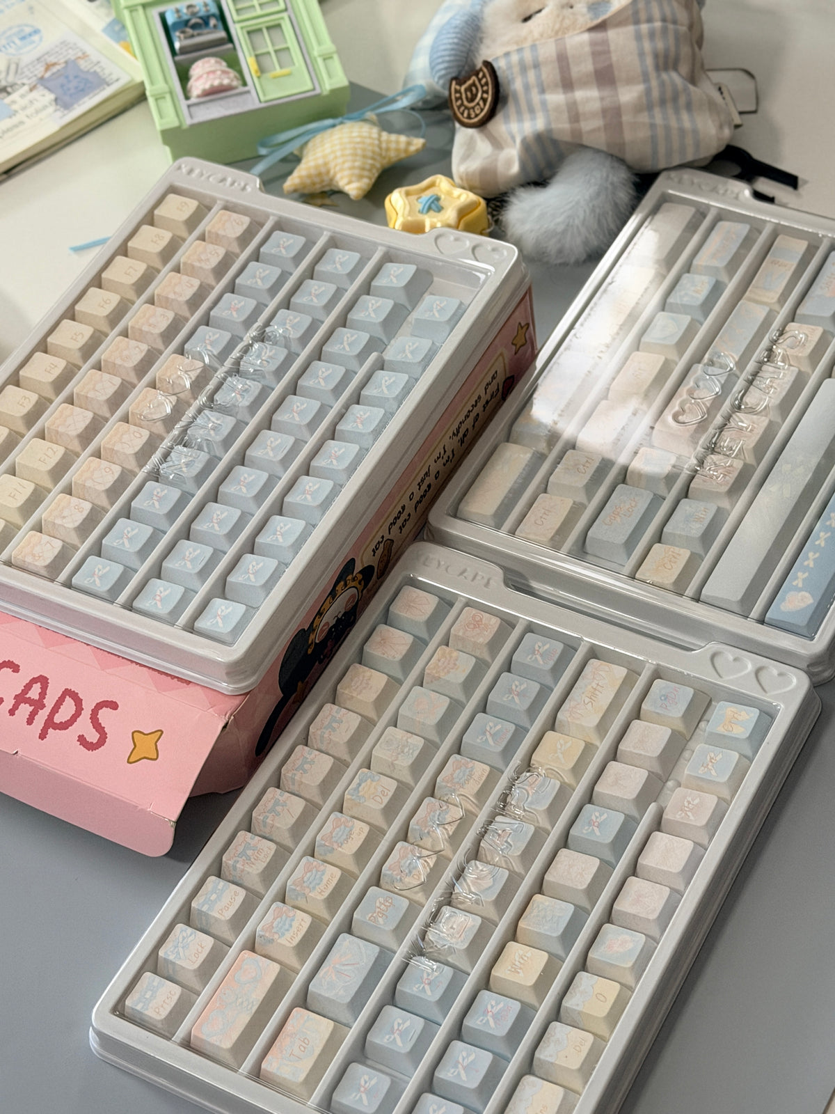 #0303 Aqua Lace Dream Garden Keycaps | Kawaii Pastel Floral & Bow PBT Keycap Set