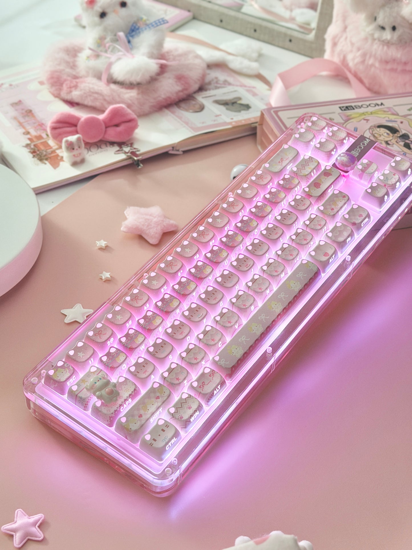 Unboxing Clearance ONLY 1 KiiBOOM Phantom 68 Pink Crystal Gasket-Mounted Mechanical Keyboard & KiiBOOM Pink Meow Keycap Set