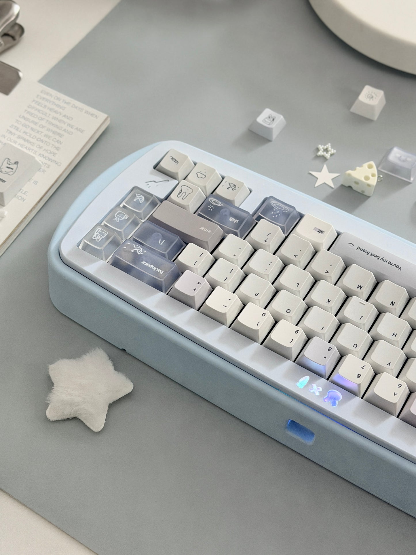 #0296 Minimalist Pale Blue White & Gray Keycap Set – Retro Japanese Style PBT Keycaps for Mechanical Keyboards Designed By Mochi Lab
