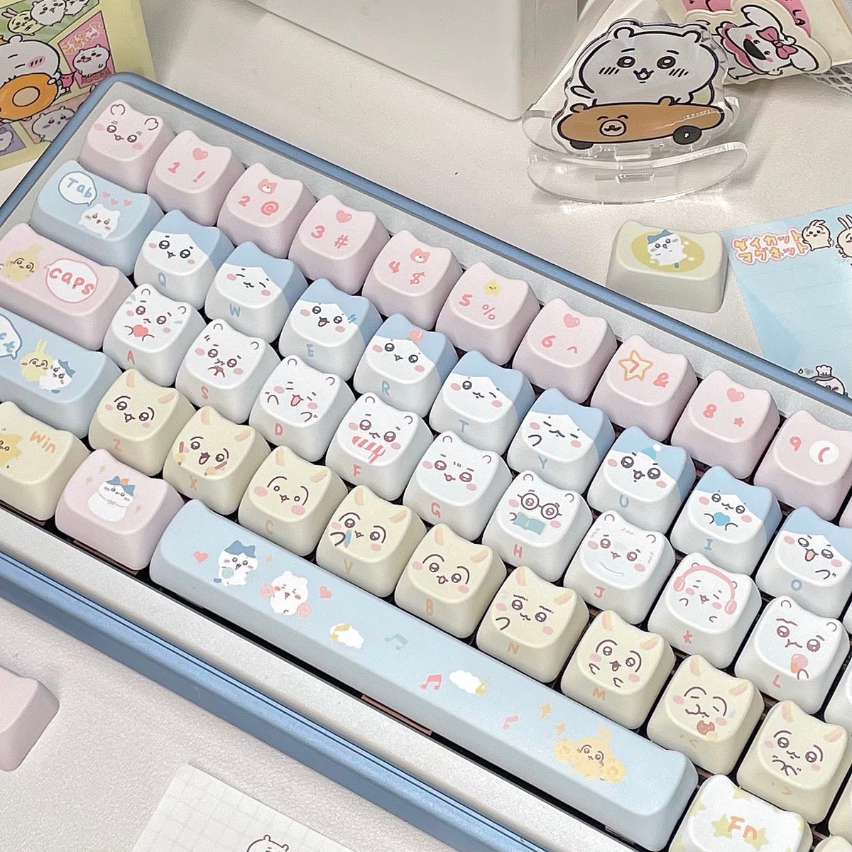 113 Chikawa Pastel Blue Pink Yellow Cute Kitten Head Keycap