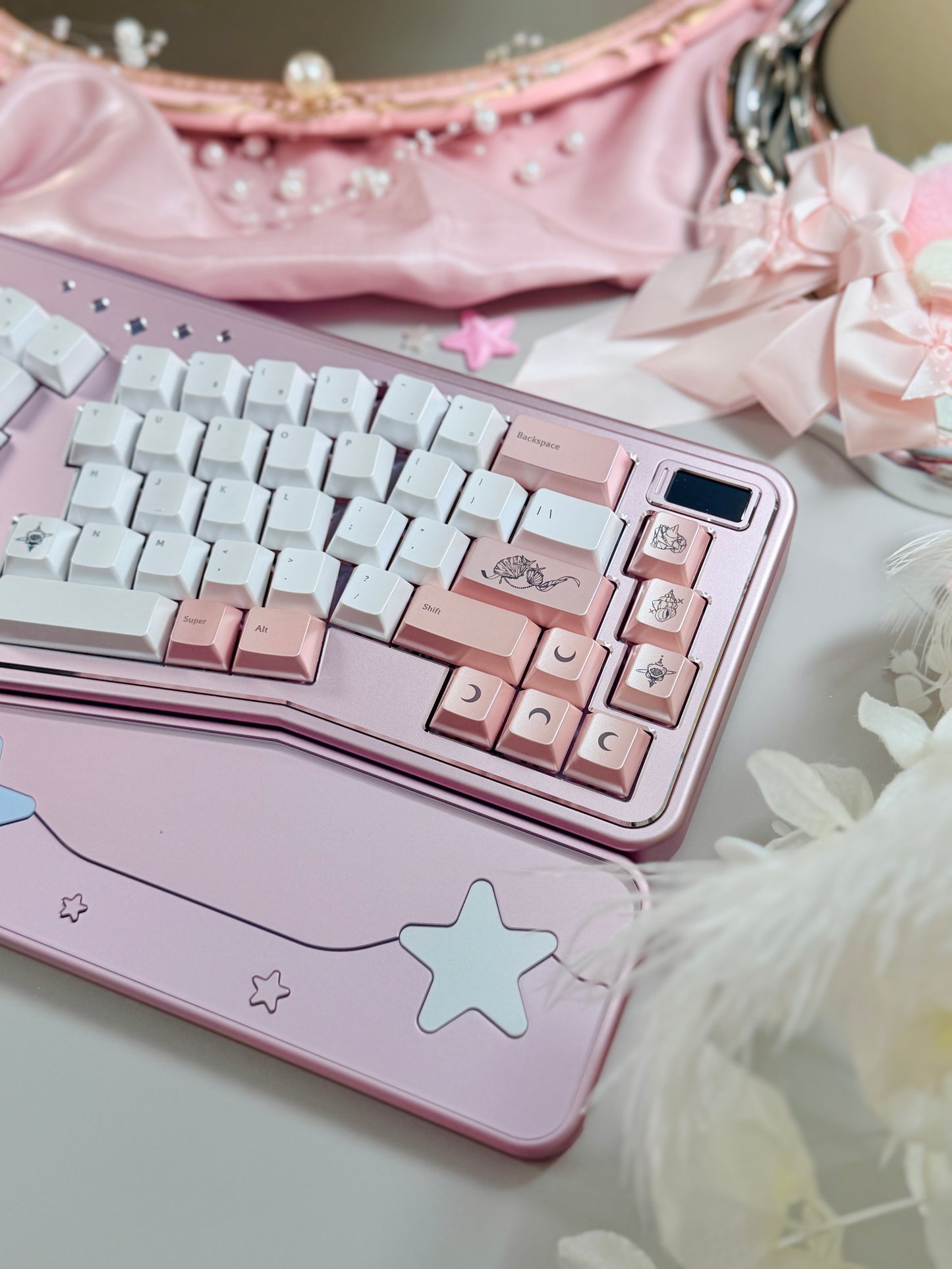 ONLY 1 Instock Prebuilt Aluminum Custom Mechanical Keyboard Staralice Ergonomic Anodized Pink Set including Wristrest Keycaps & switches